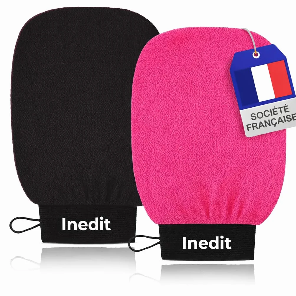 Gant Exfoliant Kessa - Gant De Crin Gommage Corps Et Visage - Nettoie Et Purifie En Profondeur (Noir/Rose, Standard)