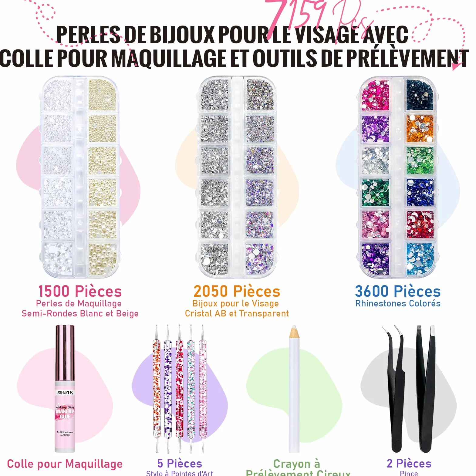 7159pcs visage gemme yeux bijoux strass couleur dos plat perles blanches beiges avec pinces maquillage manucure
