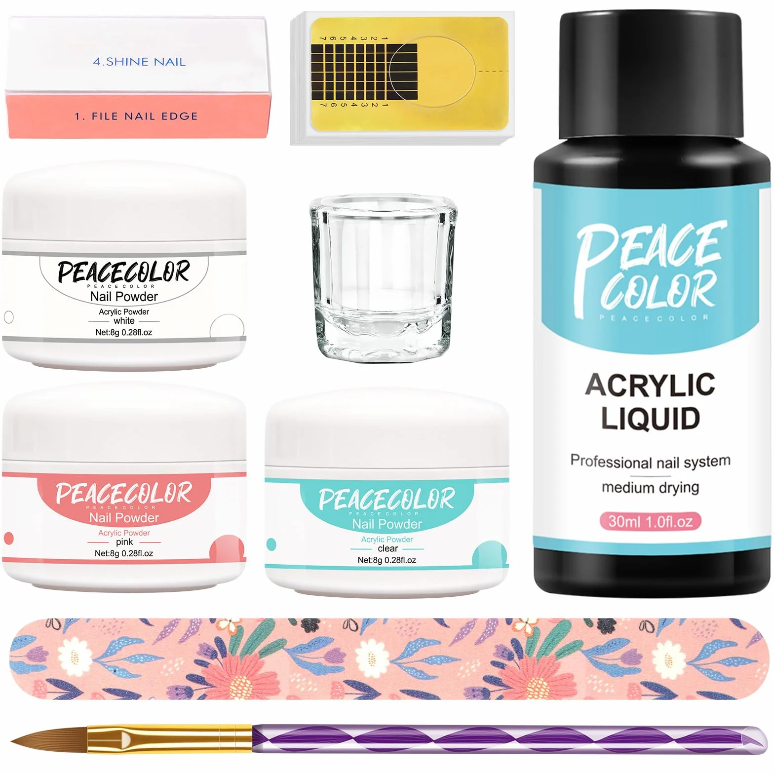 PEACECOLOR Kit Poudre Acrylique pour Ongles , Poudre Acrylique avec Liquide Acrylique, Rose Blanc Transparentes Resine Ongle Poudre , Pinceau, Chablon, Limes a Ongles, Kit Complet Acrylique Ongles