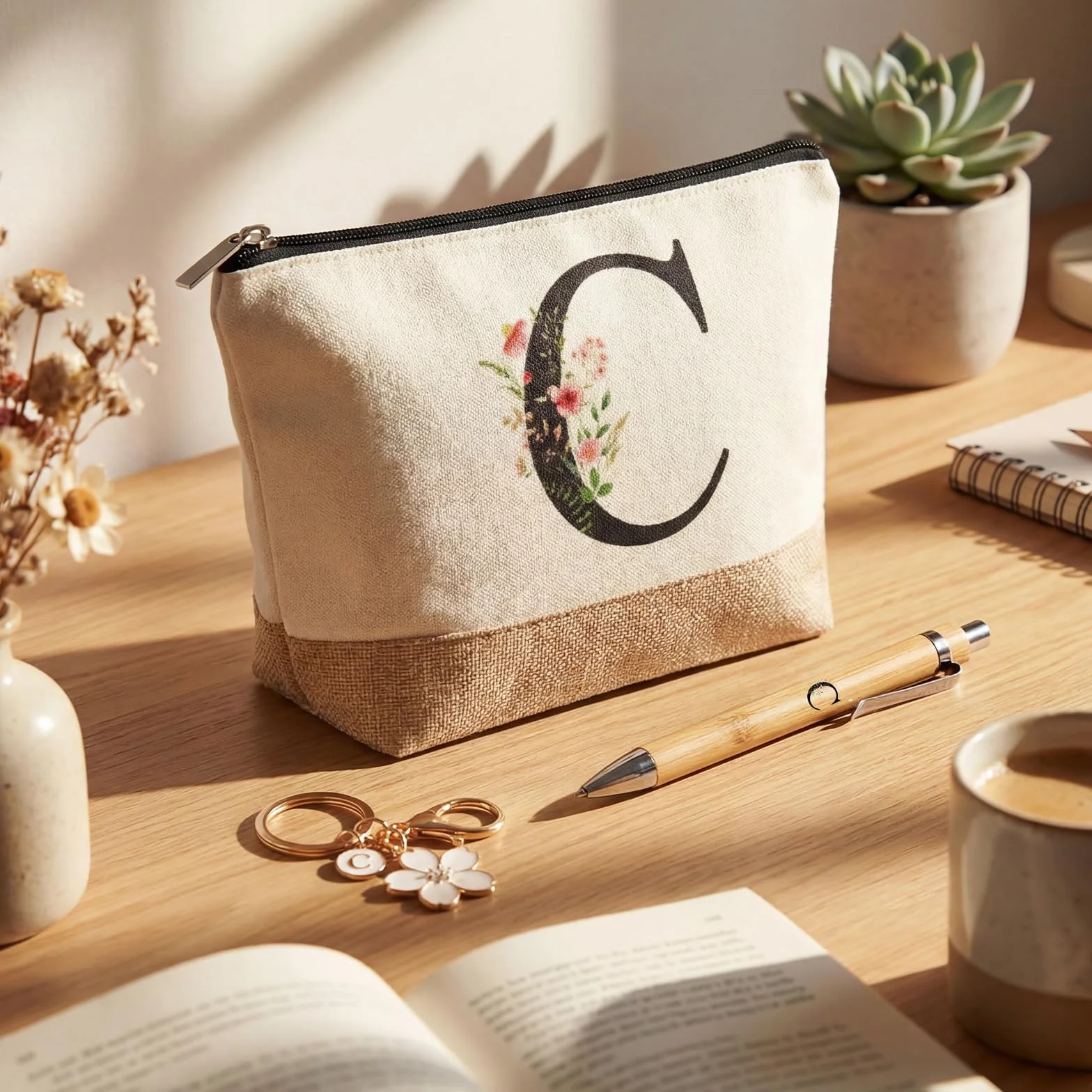 Lot de 3 Cadeaux pour Femmes Maman avec Initiale Florale Trousse de Maquillage Porte-Clés Stylo à Bille Anniversaire (Lettre C, Blanc, Bois)