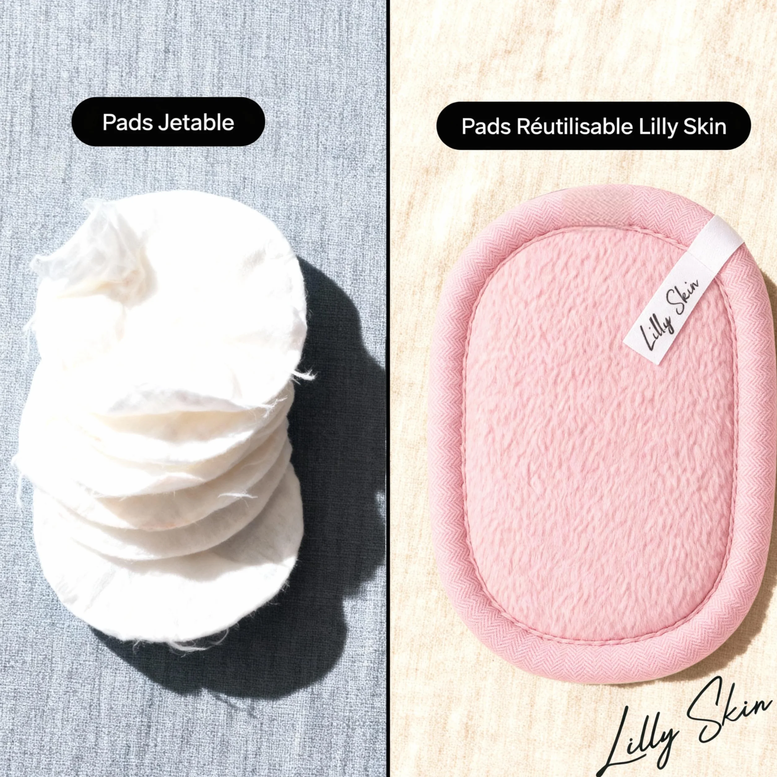 Pads Démaquillants Lavables Réutilisables Lilly Skin - Lingettes Carrées Microfibres Nettoyantes Exfoliantes Visage - Boîte 7 Pads Tissu Simili Coton Rose Poudré