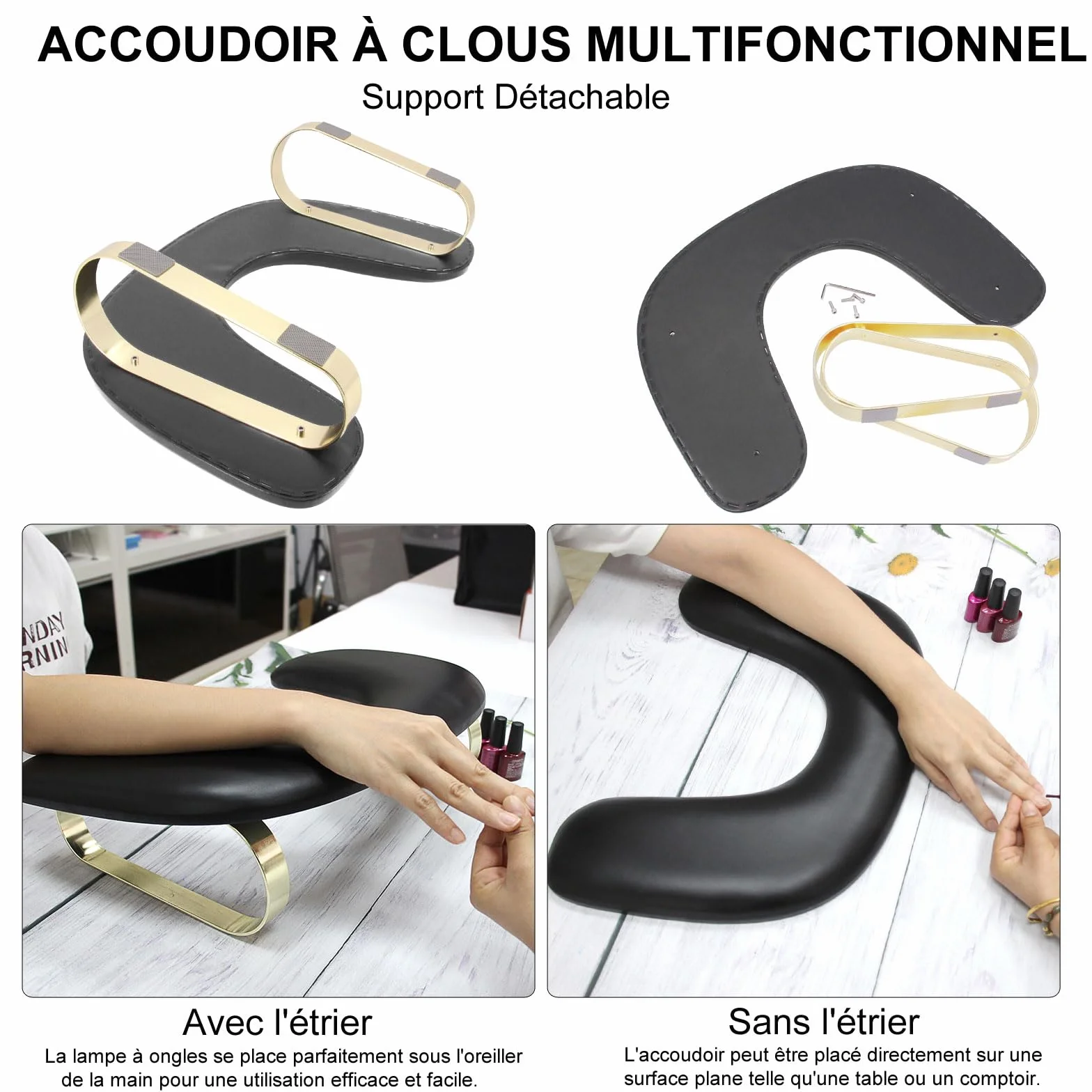 Repose Main Ongle,Forme du U Coussins Repose-Main pour Manucure,Douceur PU Cuir Coussin Manucure avec Support Amovible,Repose Main Manucure Professionnelle pour Prothesiste Ongulaire(Noir)