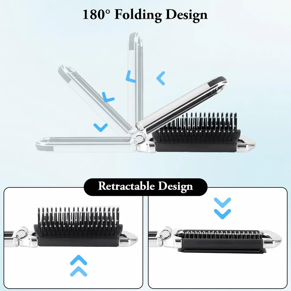Brosse à Cheveux de Voyage Pliable avec Miroir, Mini Brosse de Poche pour Femme, Argent