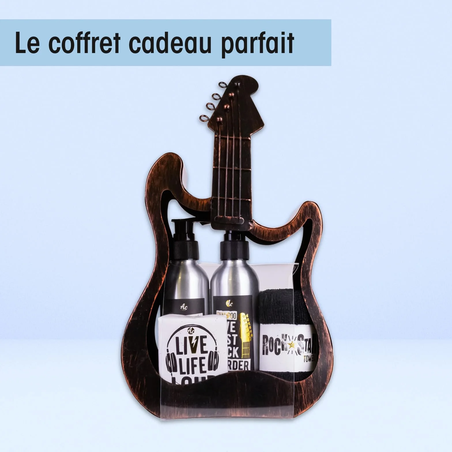 Accentra coffret cadeau homme, set soin corps guitare métallique, gel douche, lotion corps, savon, serviette, parfum bois de santal, idée cadeau originale pour anniversaire, amateurs de musique