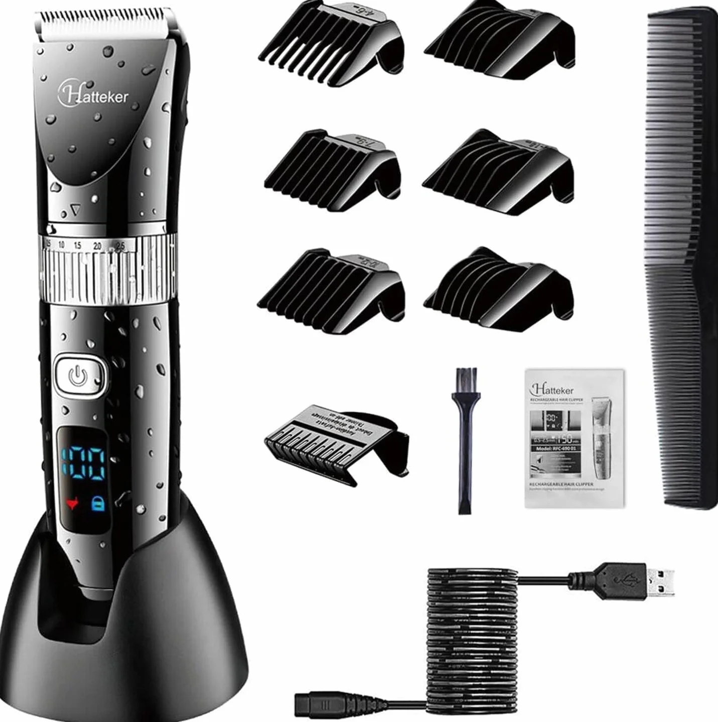 Hatteker Tondeuse Cheveux Tondeuse Barbe Professionnelle Electrique avec Ecran LCD Sans Fil USB Rechargeable Imperméable