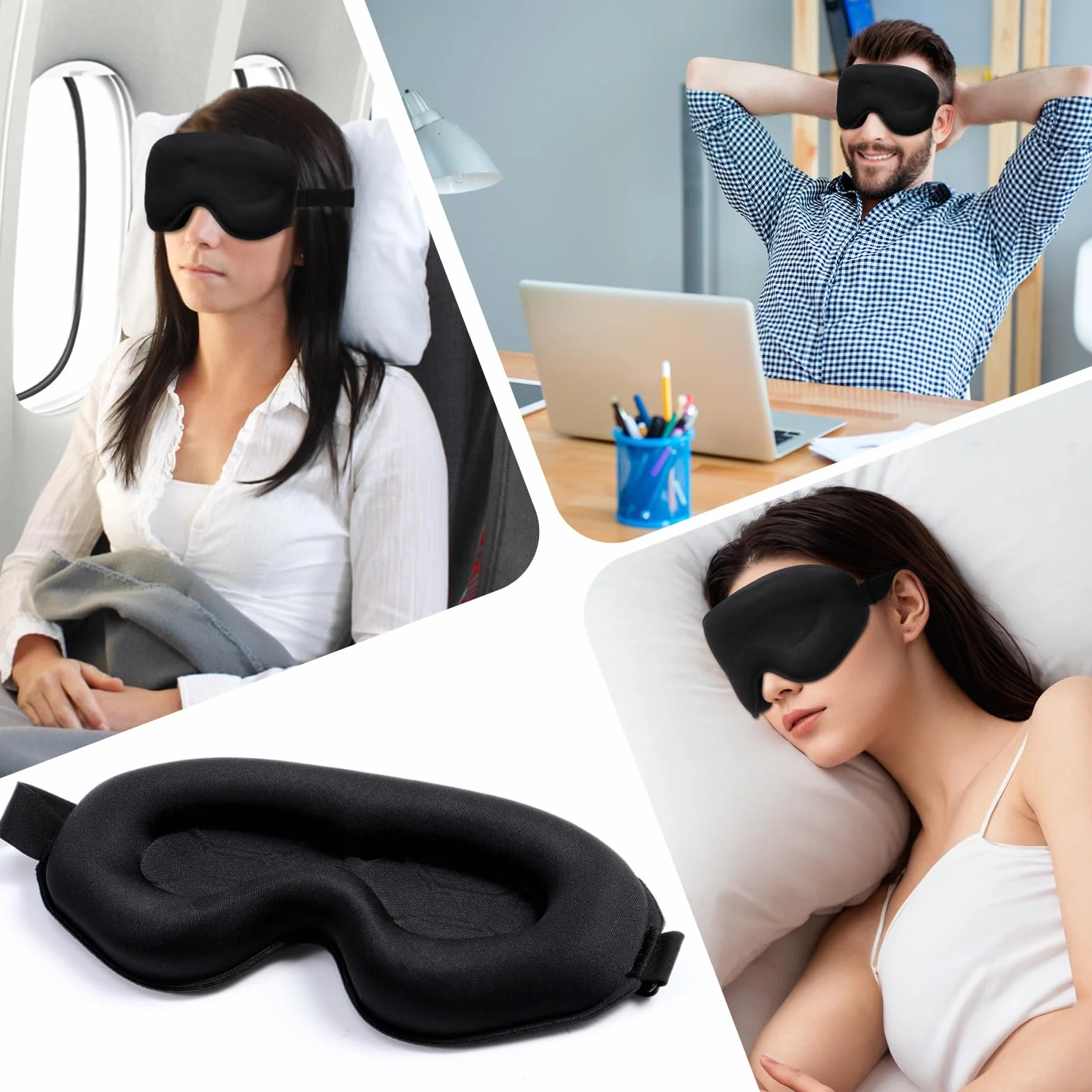 Masque de Nuit 3D Cache Yeux pour Dormir Bloquer la Lumière 20mm Contour Profond Doux Confortable Femme Homme
