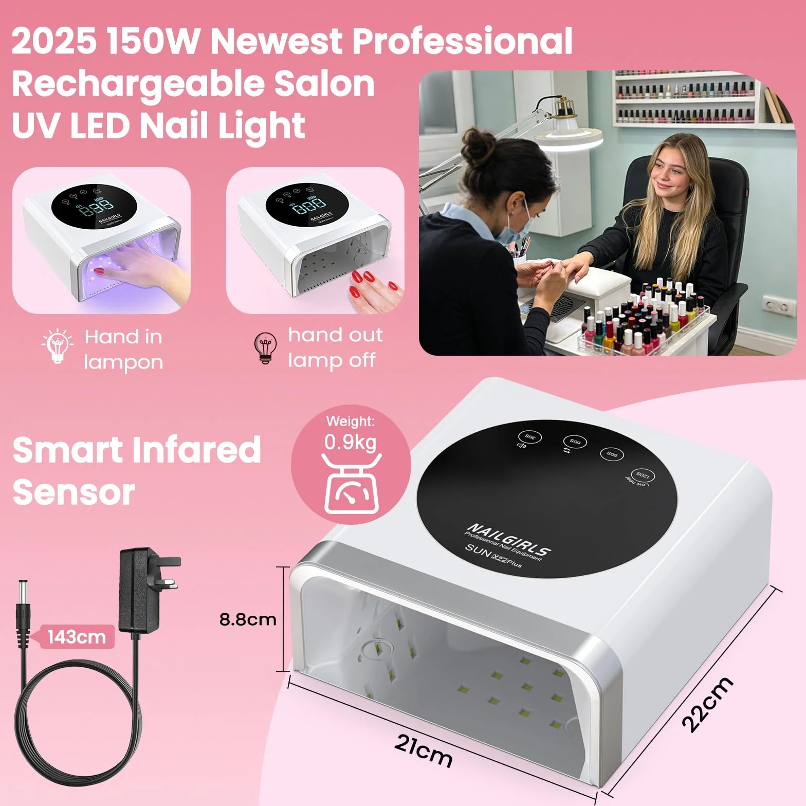 NAILGIRLS 150W Lampe à Ongles UV LED Sans Fil-Machine à Ongles Professionnelle de Salon à Durcissement Rapide avec 36 perles, Rechargeable pour L'utilisation à la Maison et au Salon
