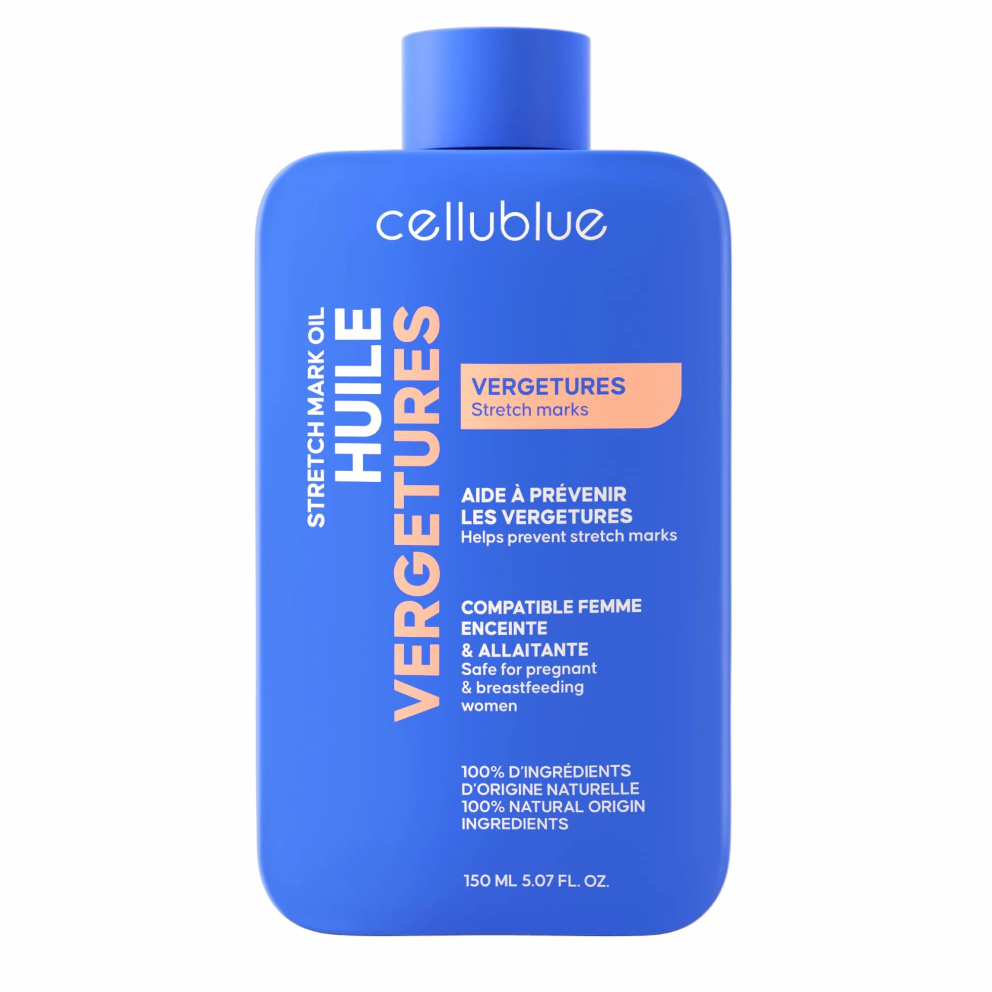 Huile Vergetures Cellublue 5 huiles 100% naturelles Anti-vergetures Cicatrices Peau Sèche Hydrate Élasticité