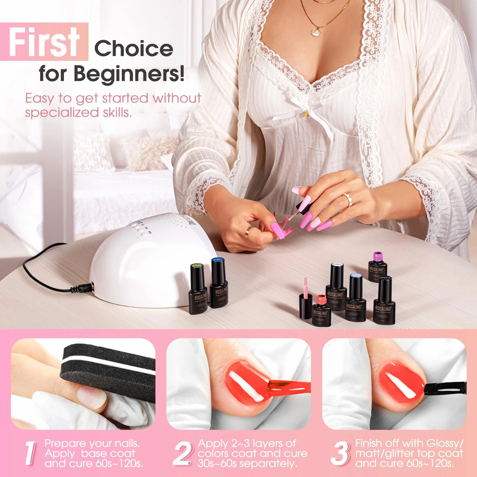 ROSALIND Vernis Semi Permanent 48 Pièces Kit Manucure UV LED Couleurs Gel Blanc Rose Pourpre Jaune Orange Rouge Bleu Gris Vert Marron Noir