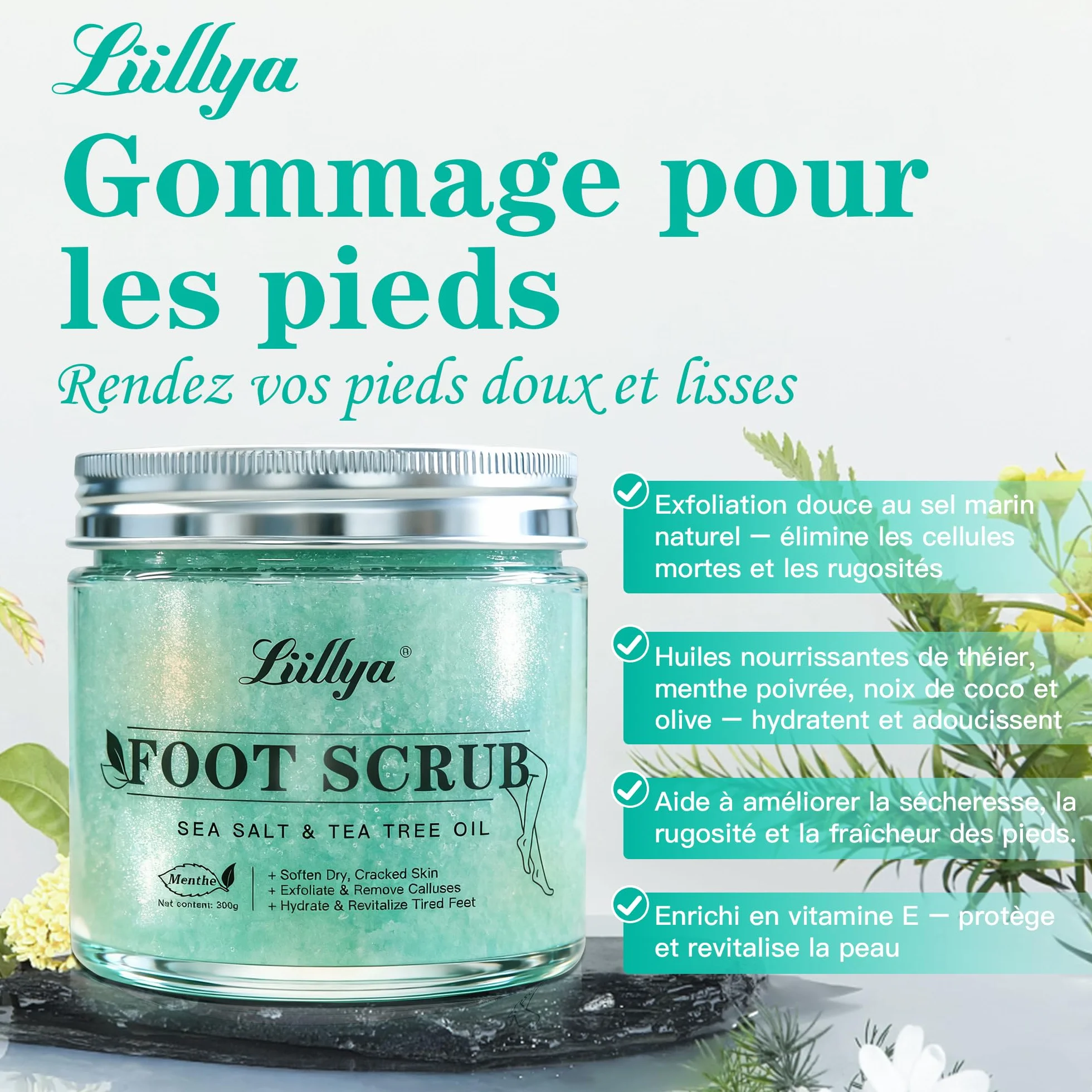 Gommage Corps & Pieds Naturel au Sel Marin, Arbre à Thé & Menthe Poivrée – Exfoliant Hydratant pour Peau Sèche, Talons & Callosités, 300g