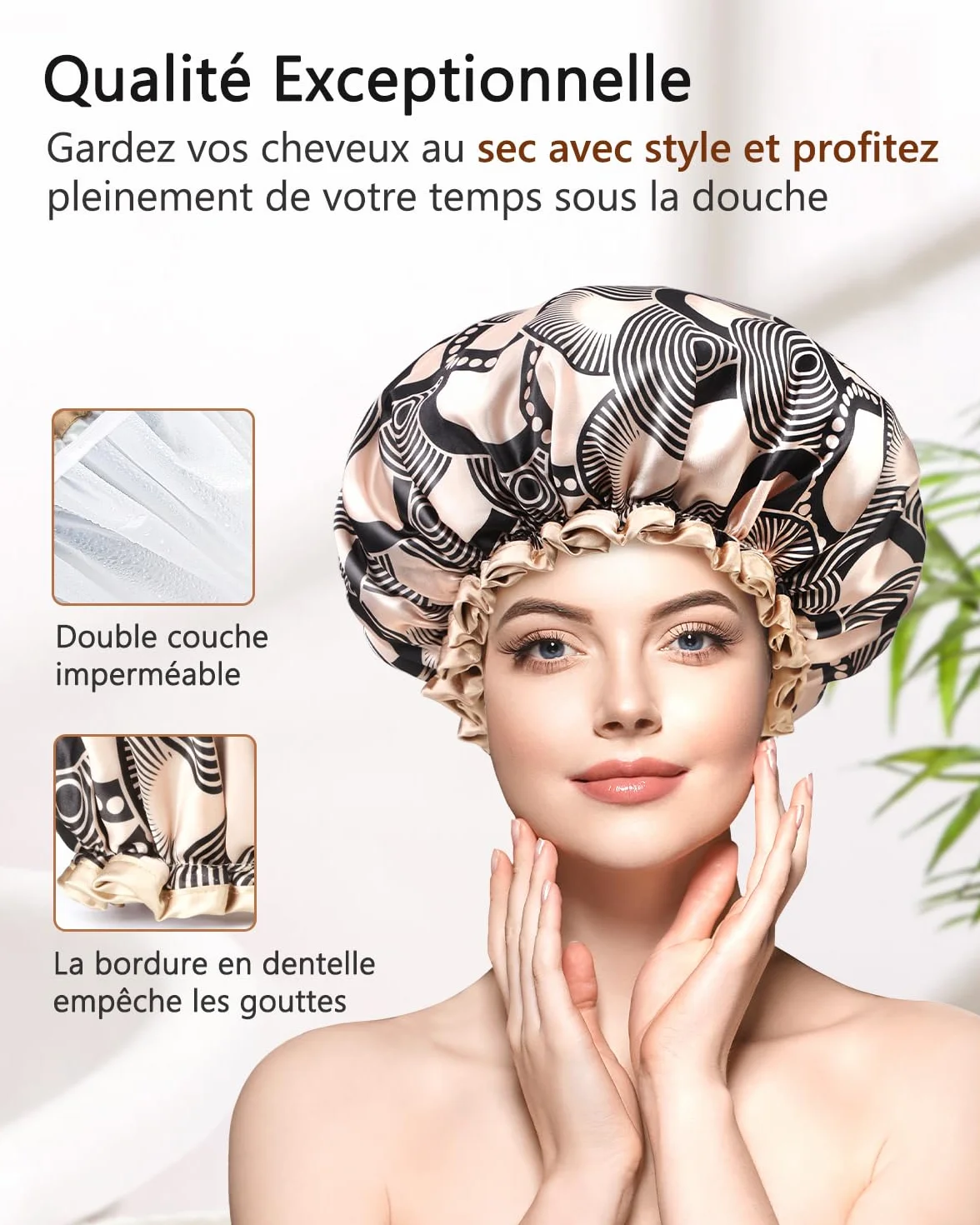 Bonnet de Douche réutilisable pour cheveux longs, imperméable, lavable, motif Champagne, double couche