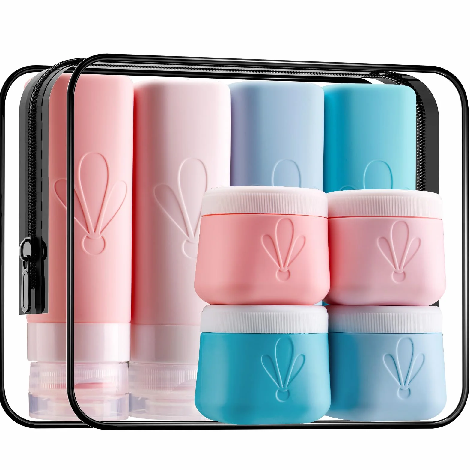 INSFIT Lot de 8 bouteilles de voyage en silicone, bouteilles de voyage approuvées par la TSA à remplir, set de voyage pour liquides de 90 ml et crèmes de 60 ml, bouteilles de voyage anti-fuites
