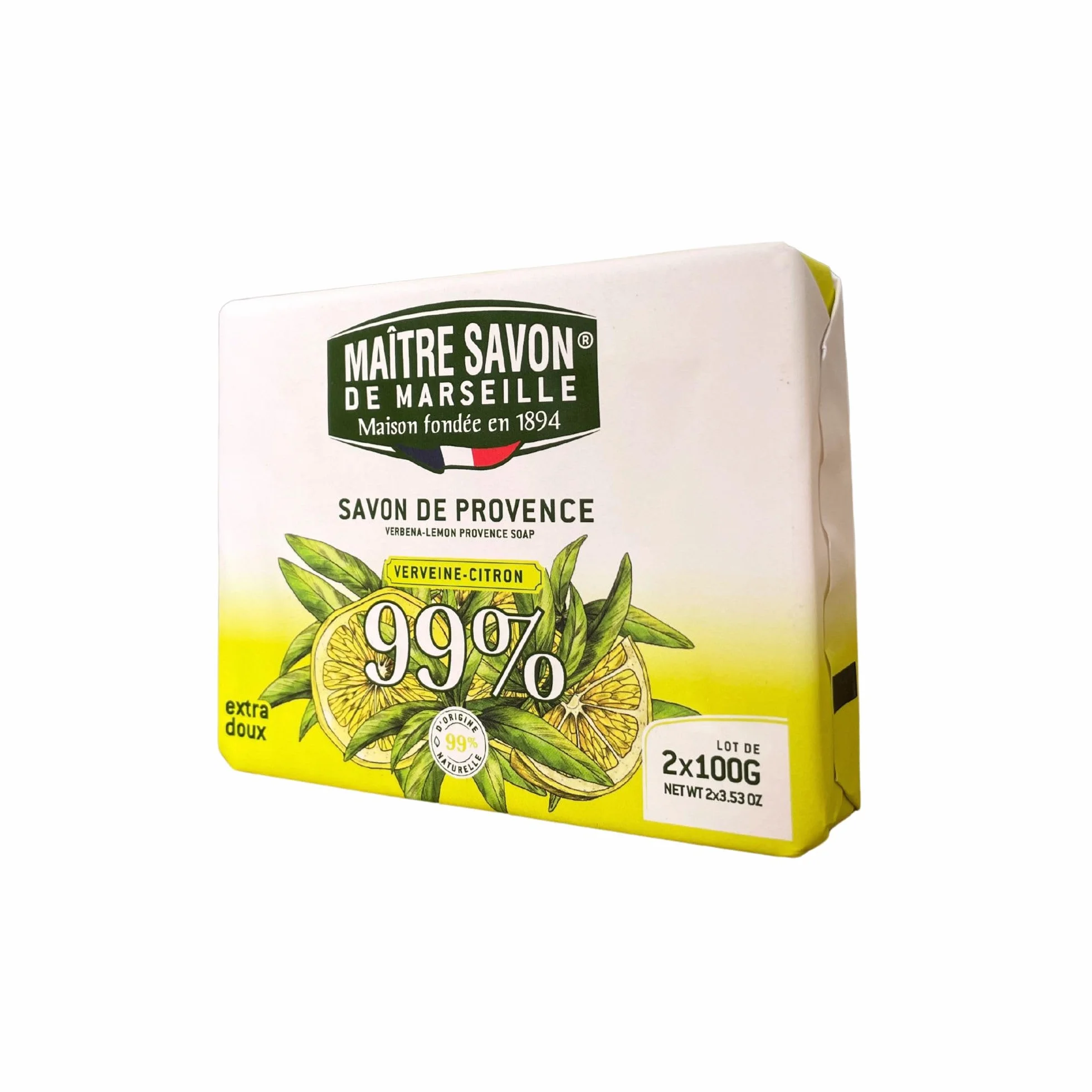 Savon de Marseille Verveine-Citron Extra Doux 2x100g 99% Ingrédients Naturels Corps & Mains