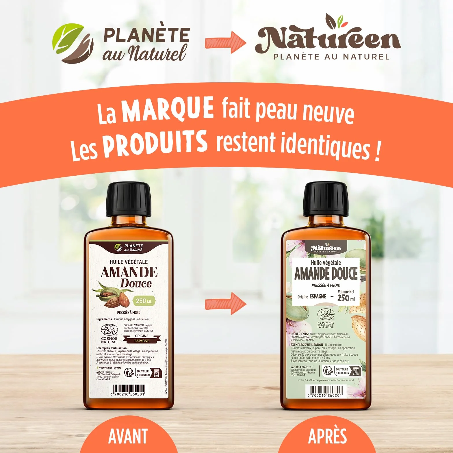 Huile d'Amande Douce 900 ml Cosmos Natural Natureen Pressée à froid Cheveux Peau Visage