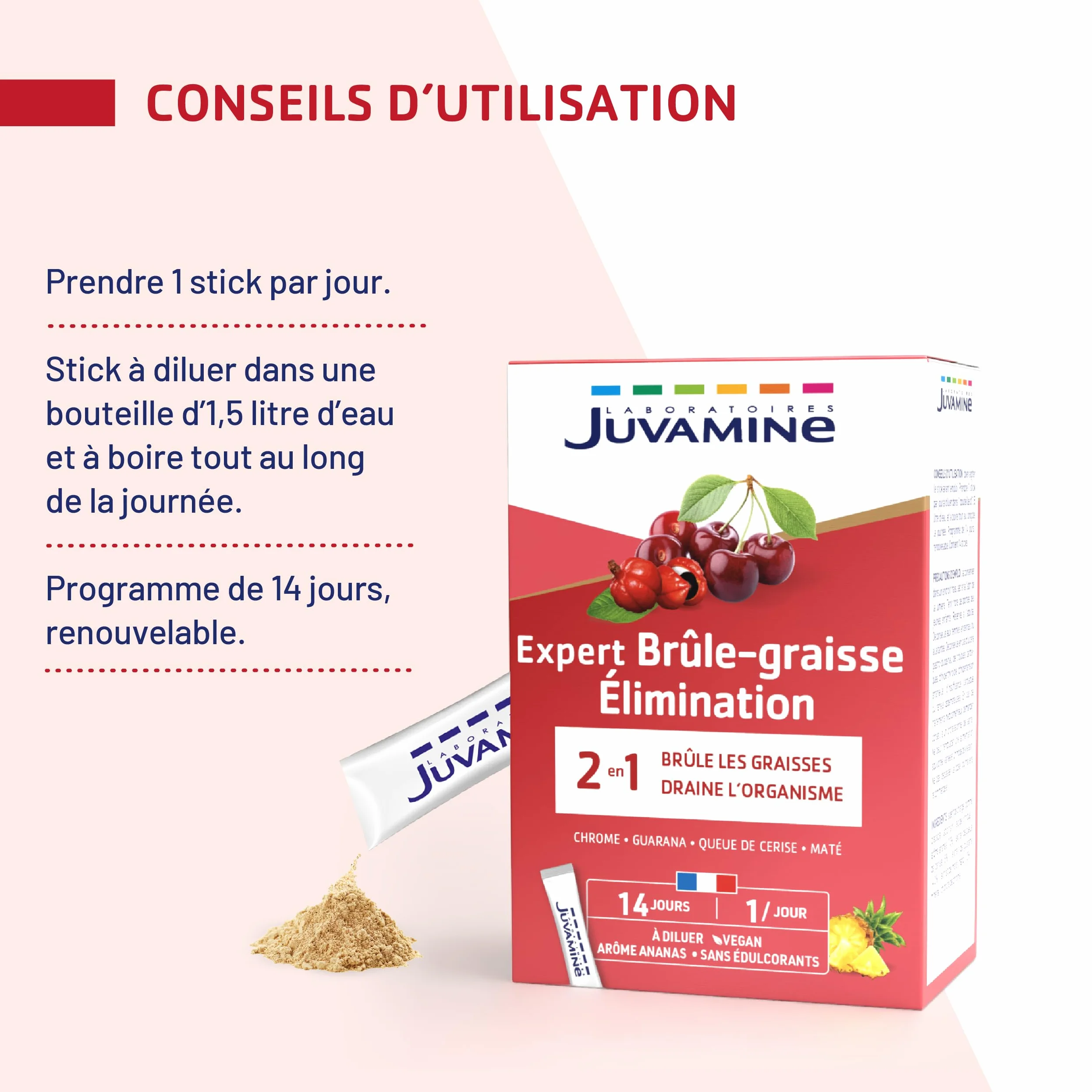 JUVAMINE Brûle-Graisse 14 Sticks Minceur Chrome Guarana Queue de Cerise Maté Arôme Ananas Fabriqué en France