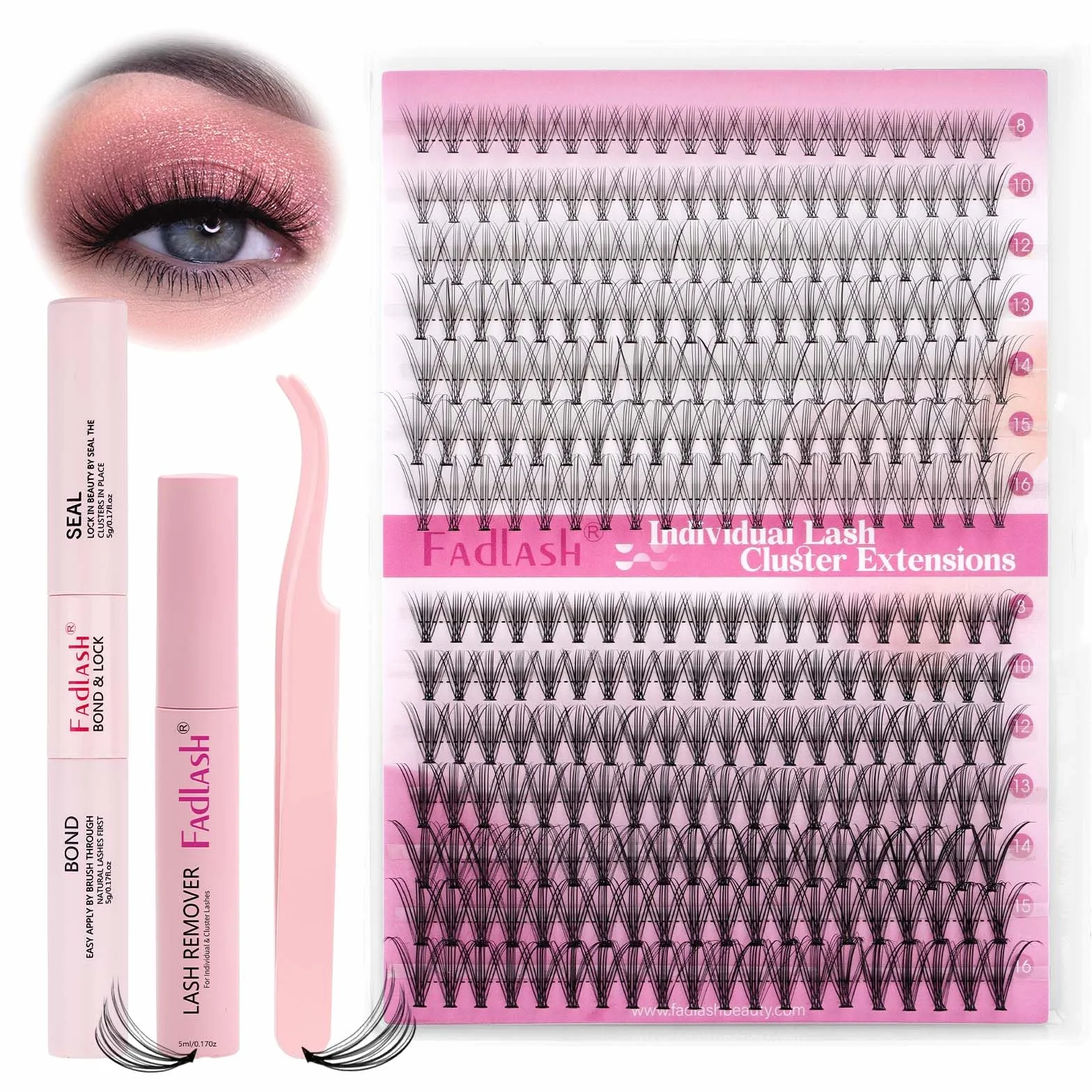 FADLASH Kit Extension Cils Bouquet 10D 20D 280pcs Faux Cils Individuel 8-16mm C Curl, Bond and Seal, Remover Gel, Pince à Lashes, Cluster Lashes Kit DIY