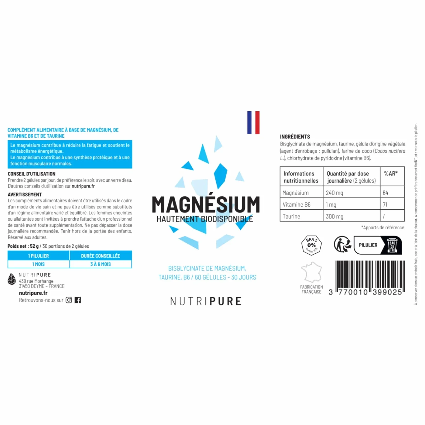 Nutripure Magnésium Bisglycinate + Vitamine B6 & Taurine 60 Gélules Anti-Fatigue Stress