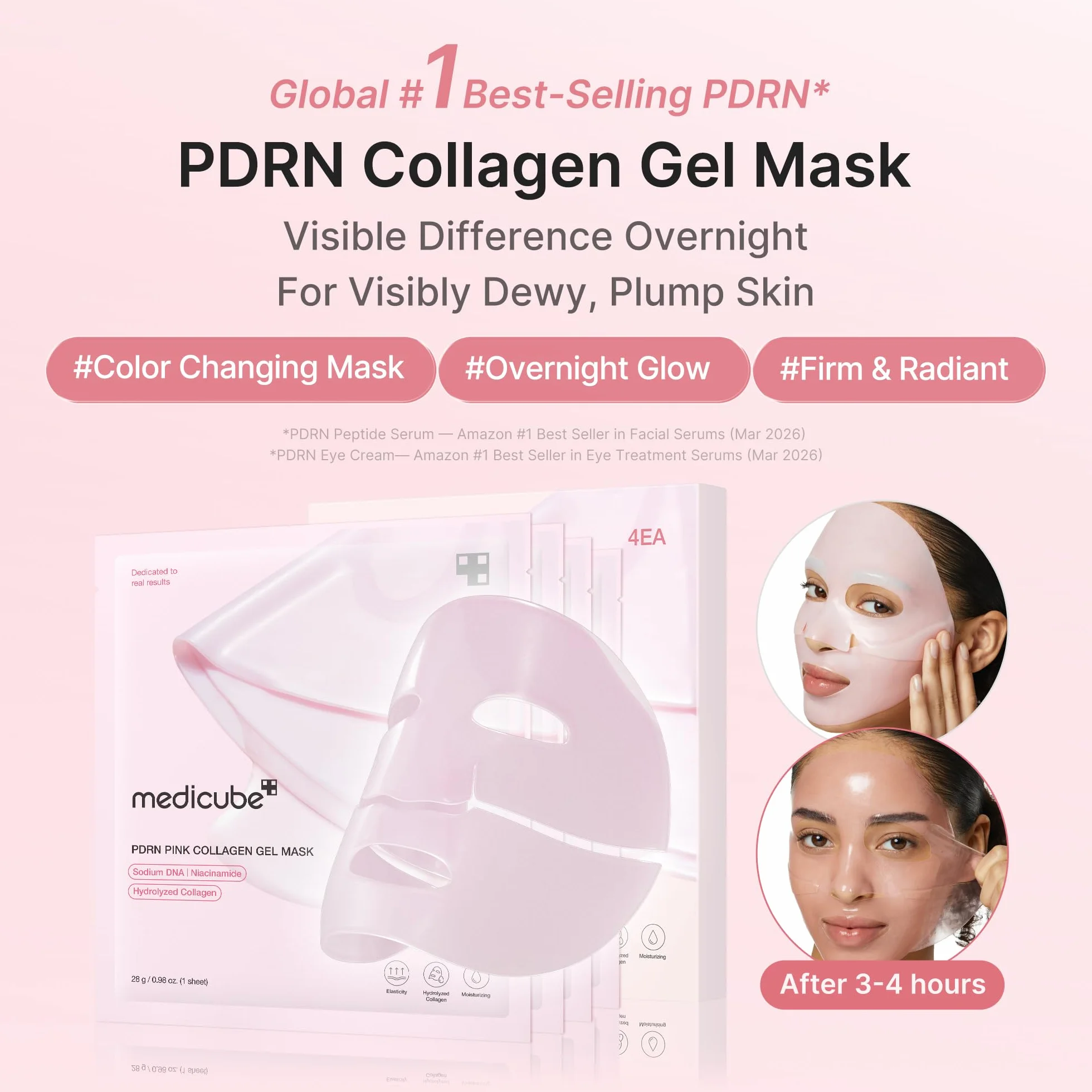 Medicube Masque en Gel au Collagène Rose et PDRN d'ADN de Saumon - Soin Visage Coréen - Lot de 4 x 28g