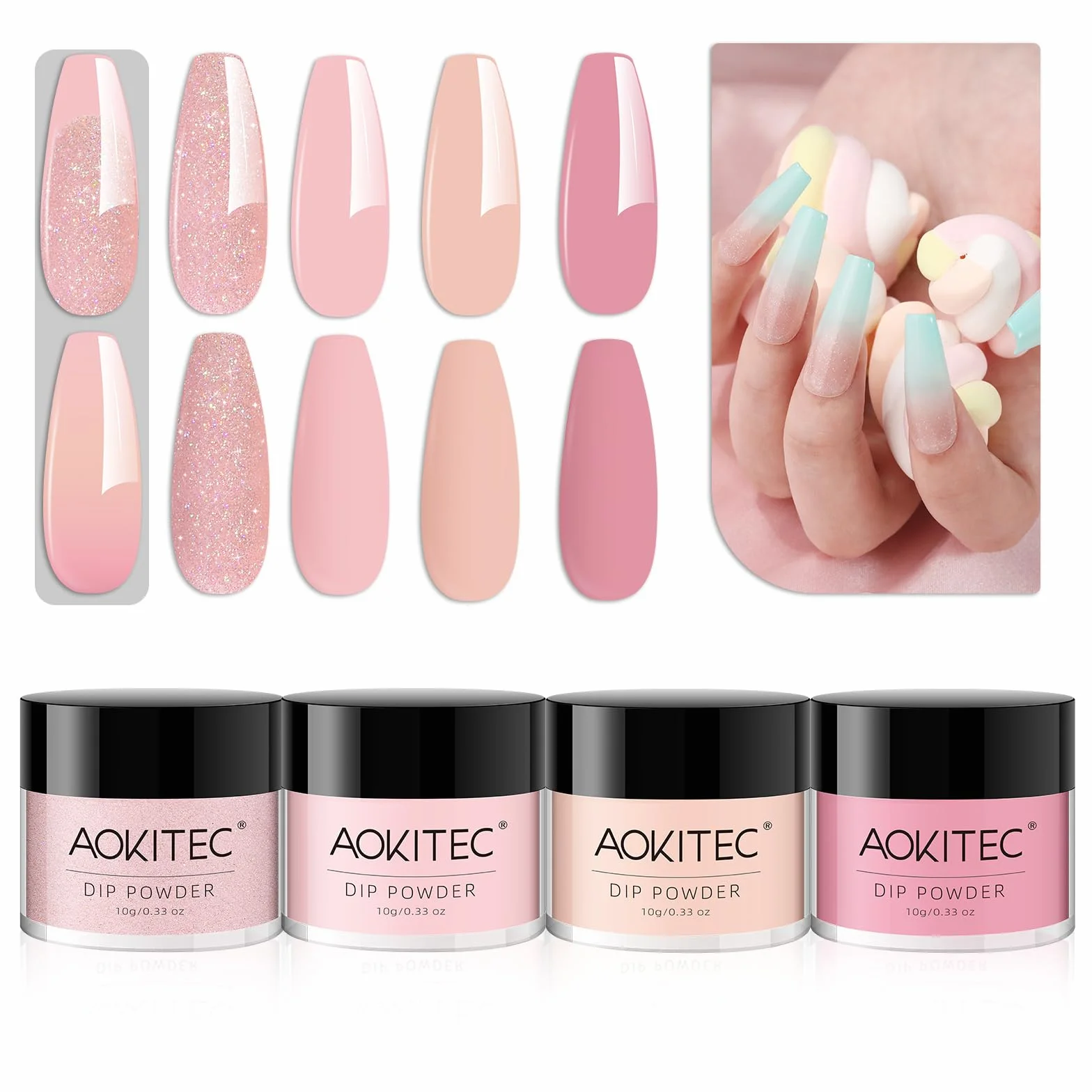 Aokitec Pink Series Lot de 4 poudres de trempage sans lampe longue durée sans odeur