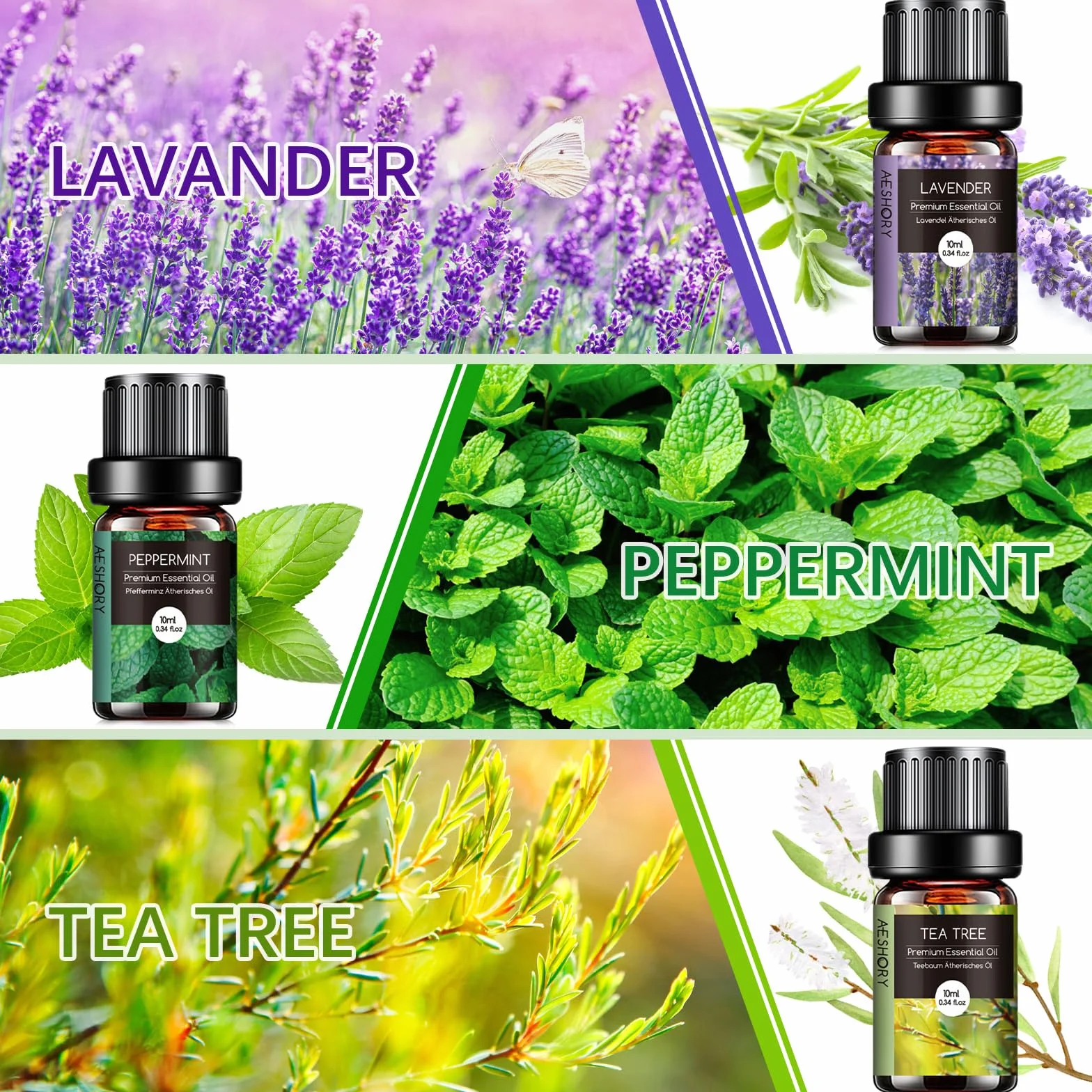 Kit Huiles Essentielles 6 x 10ml Aromathérapie Lavande Orange Douce Menthe Poivrée Arbre à Thé Citronnelle Eucalyptus