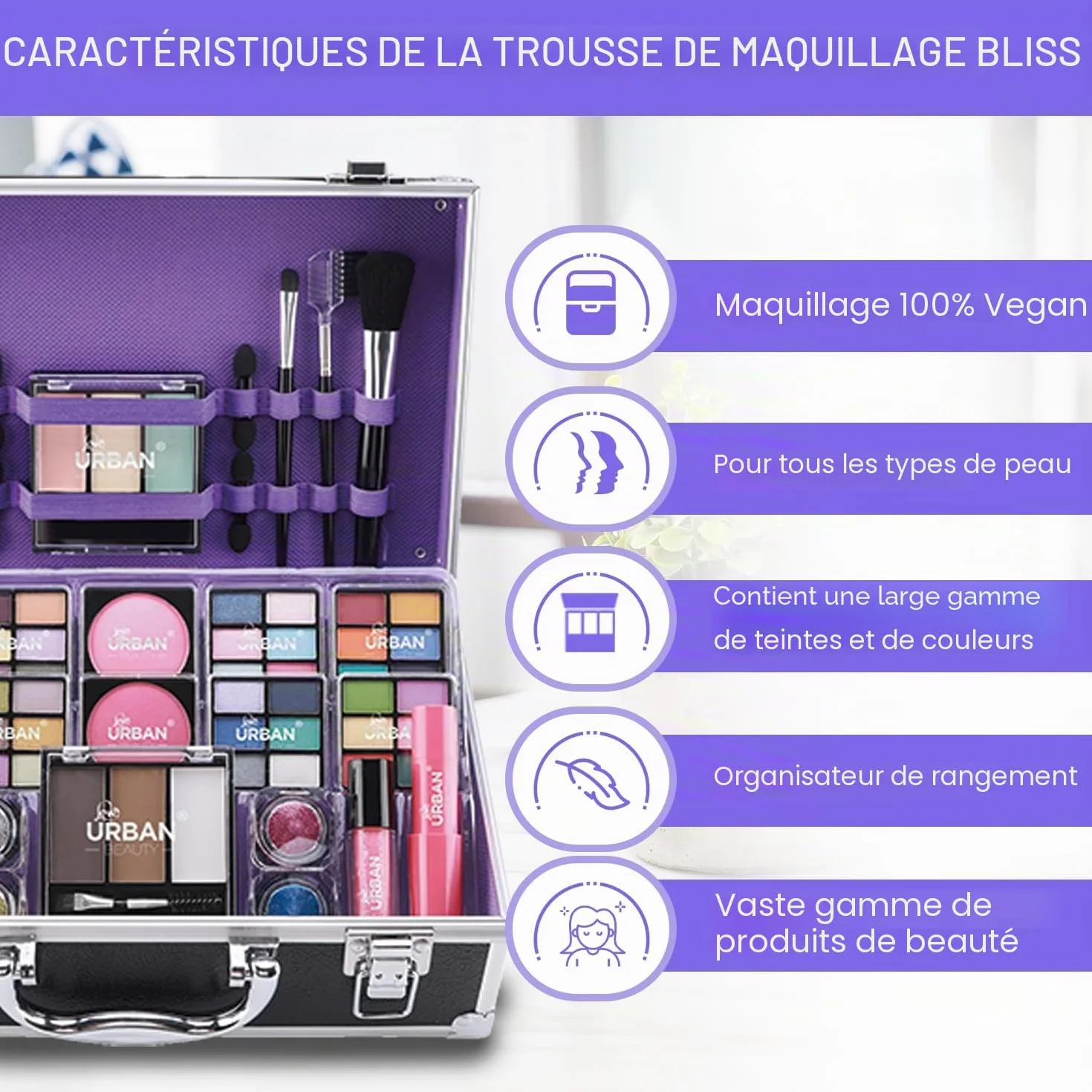 Bliss Trousse de produits de Maquillage Végan - Valise de Maquillage Complète avec Fard à Paupières et à Joues, Rouge à Lèvres, Cire et Poudre à Sourcils, pinceau – Organiseur avec Cadre en Aluminium