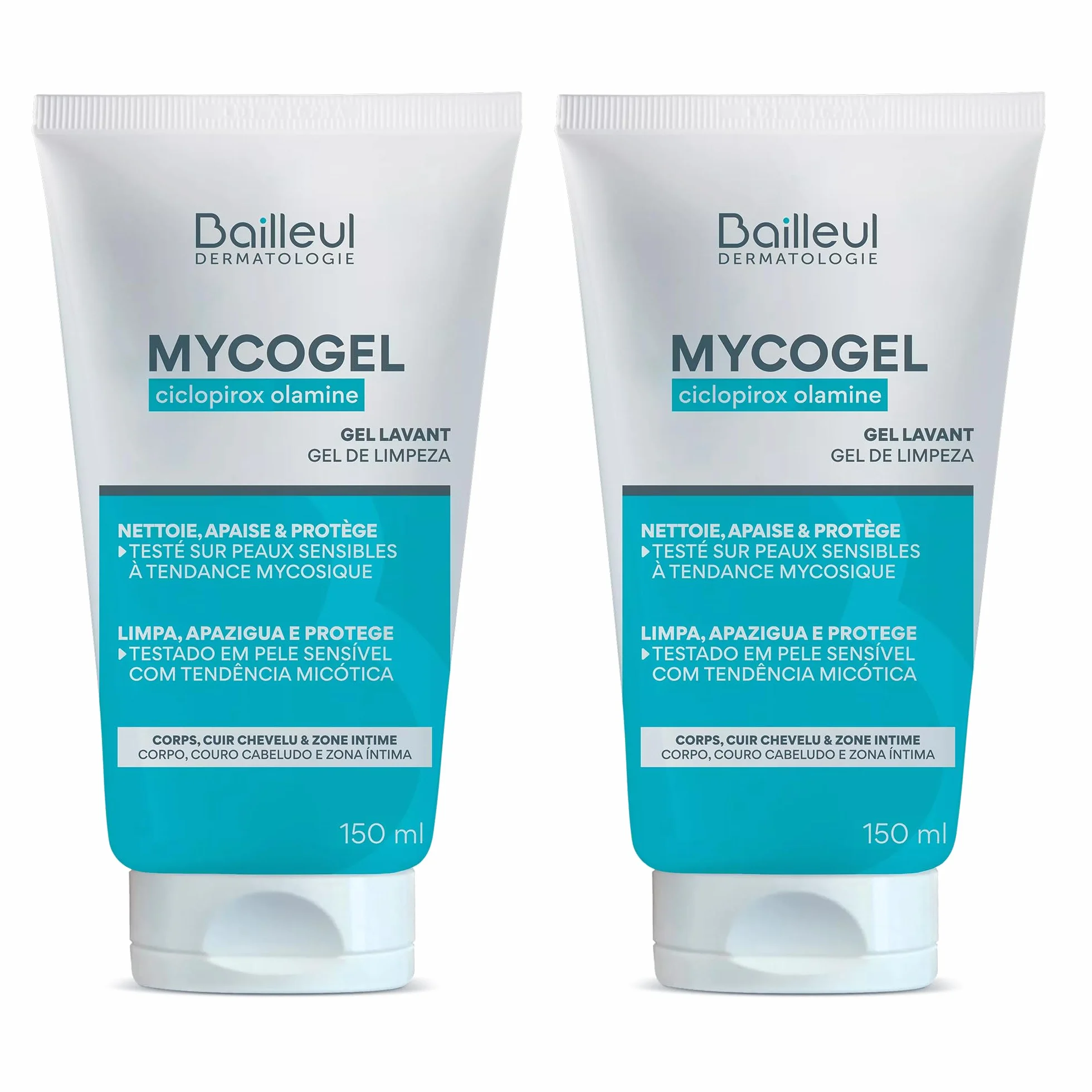 Bailleul | Mycogel | Gel lavant contre les mycoses cutanées | Nettoie, Apaise et Protège | Peaux et muqueuses génitales sensibles à tendance mycosique | Vegan | Lot de 2 x 150 ml