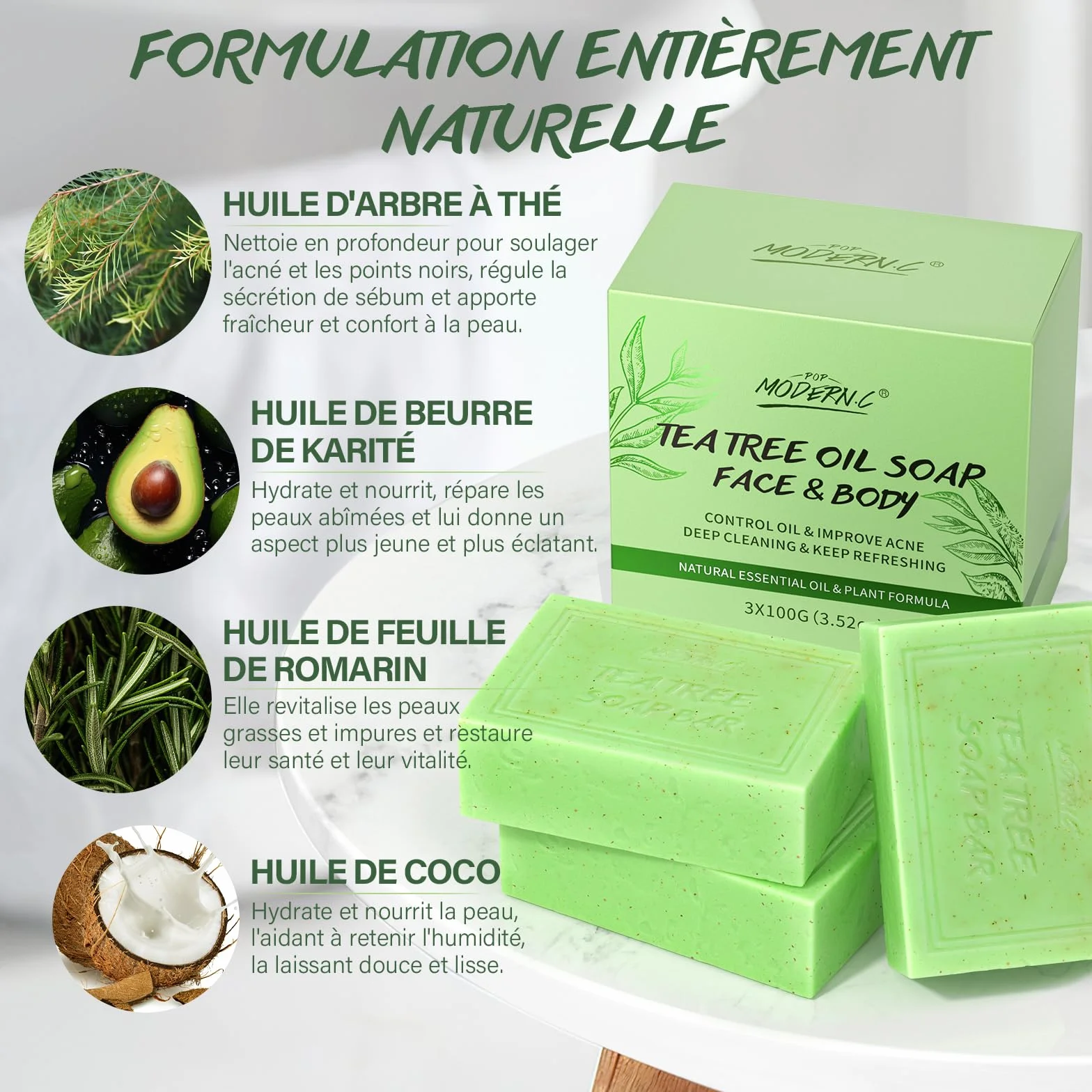 Savon à L'Huile d'Arbre à Thé 3x100g Naturel Contre Mycoses Cutanées, Transpiration, Odeurs, Démangeaisons, Acné, Pied d'Athlète