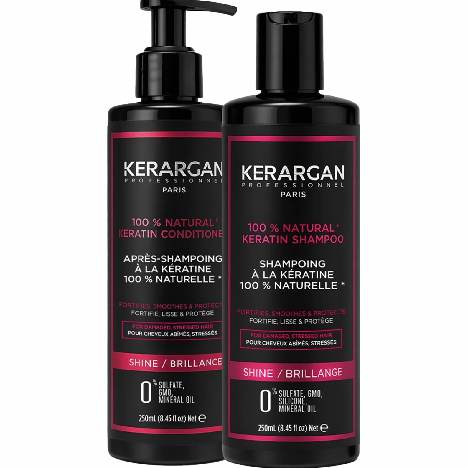 Kerargan - Duo Ultra Réparateur Shampoing & Après-shampoing à la Kératine pour Cheveux Abîmés et Stressés - Fortifie, Lisse & Protège - Sans Sulfate, OGM, Silicone - 2x250ml