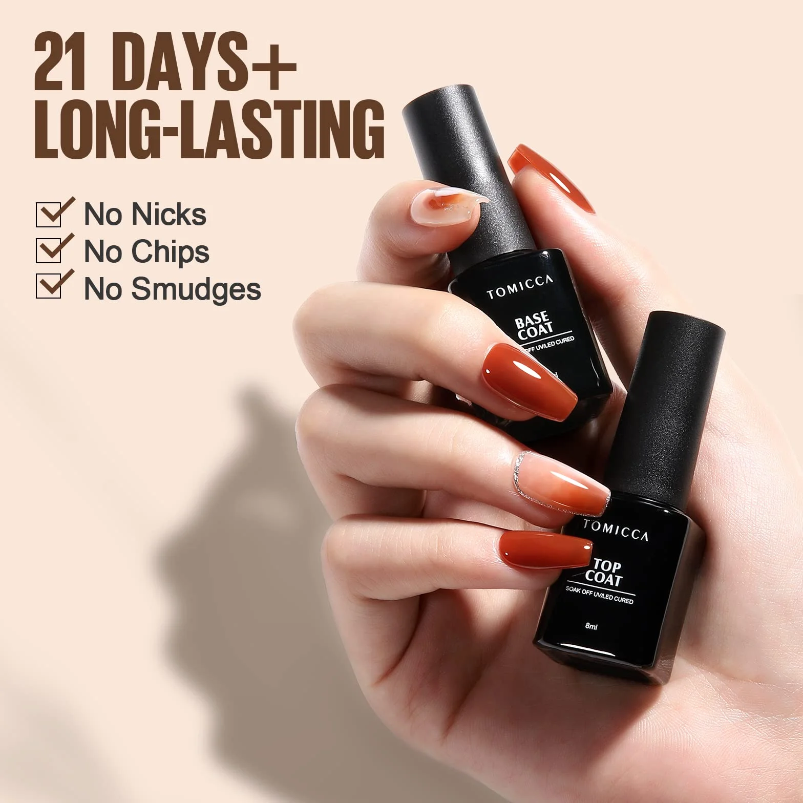 TOMICCA Vernis Semi Permanent Base et Top Coat UV Gel 2x8ML No Wipe