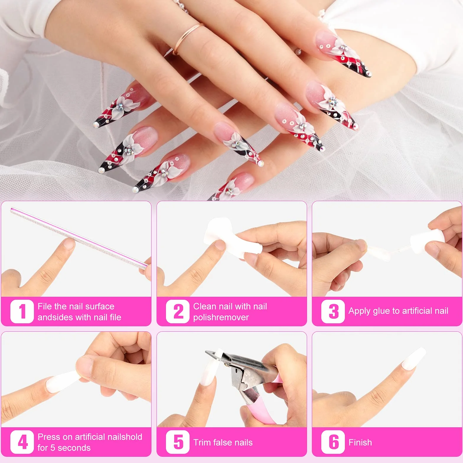 BOLASEN Colle à ongles acrylique super forte avec pinceau 4 x 7 ml