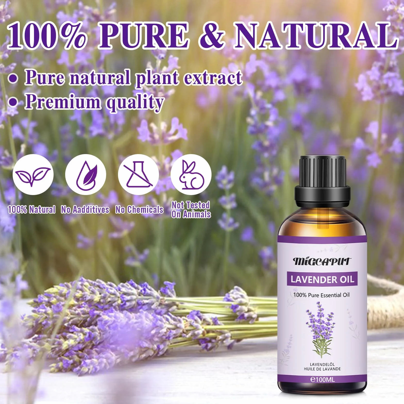 Huile Essentielle de Lavande 100ML, 100% Naturelle pour Diffuseur, Aromathérapie, Massage, Bain