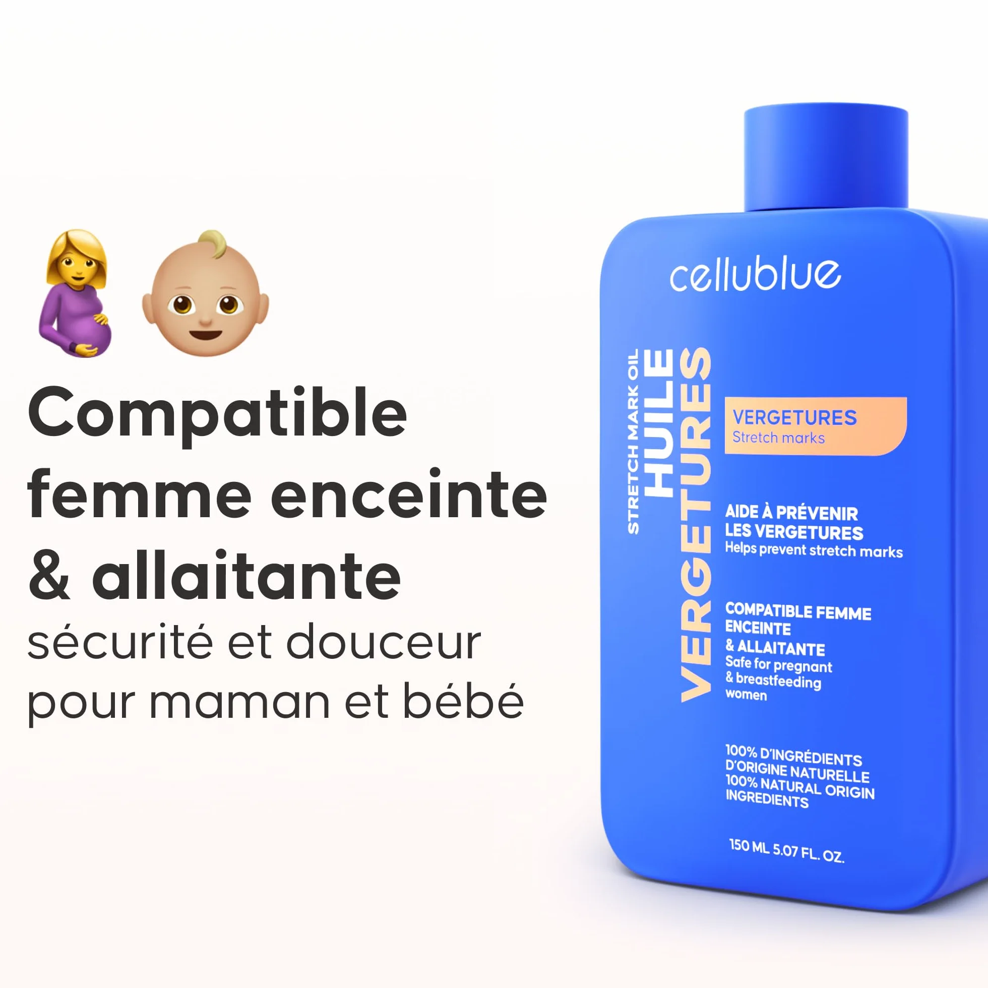 Huile Vergetures Cellublue 5 huiles 100% naturelles Anti-vergetures Cicatrices Peau Sèche Hydrate Élasticité