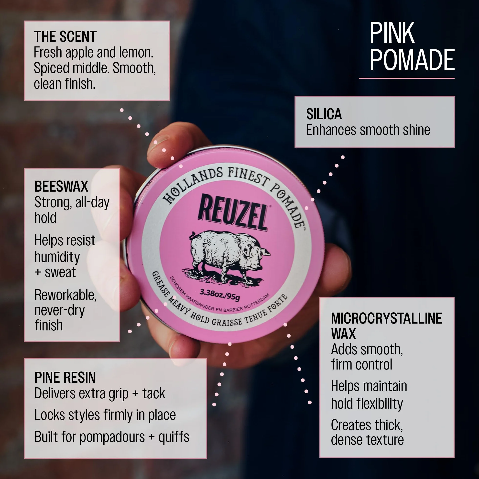 Reuzel Pommade Pink Grease Tenue épaisse, tenue forte, brillance moyenne, pommade à base d'huile, tenue toute la journée, 95g