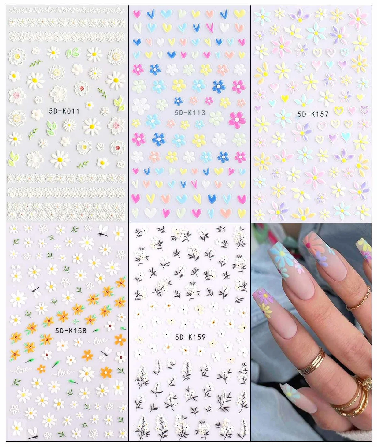 3D Fleur Stickers Ongles Nail Art Autocollants Autoadhésif 5D Deco Ongle Manucure 5 Feuilles