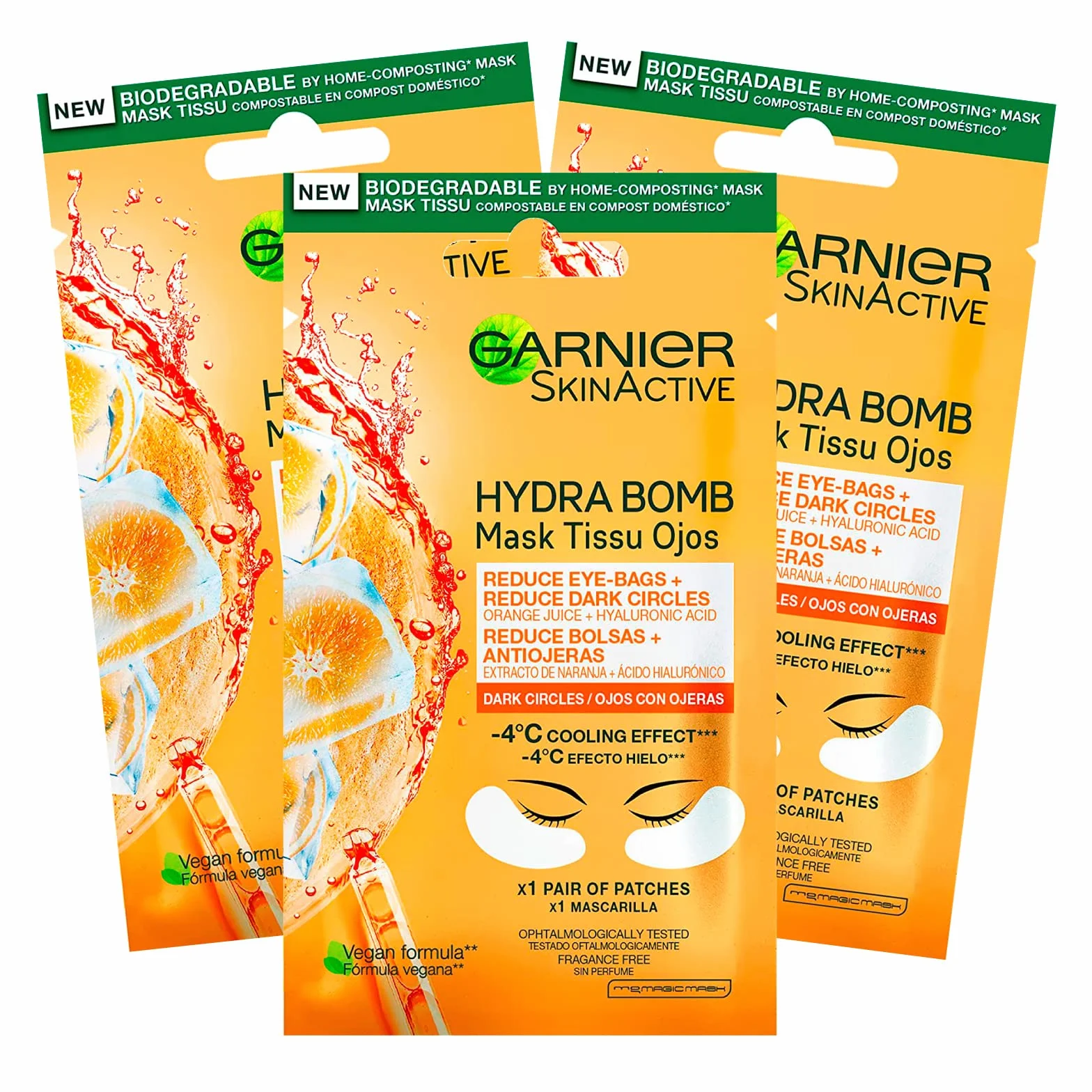 Garnier SkinActive Masque Contour des Yeux Anti-Fatigue au Jus d'Orange et à l'Acide Hyaluronique - 3 Paquets