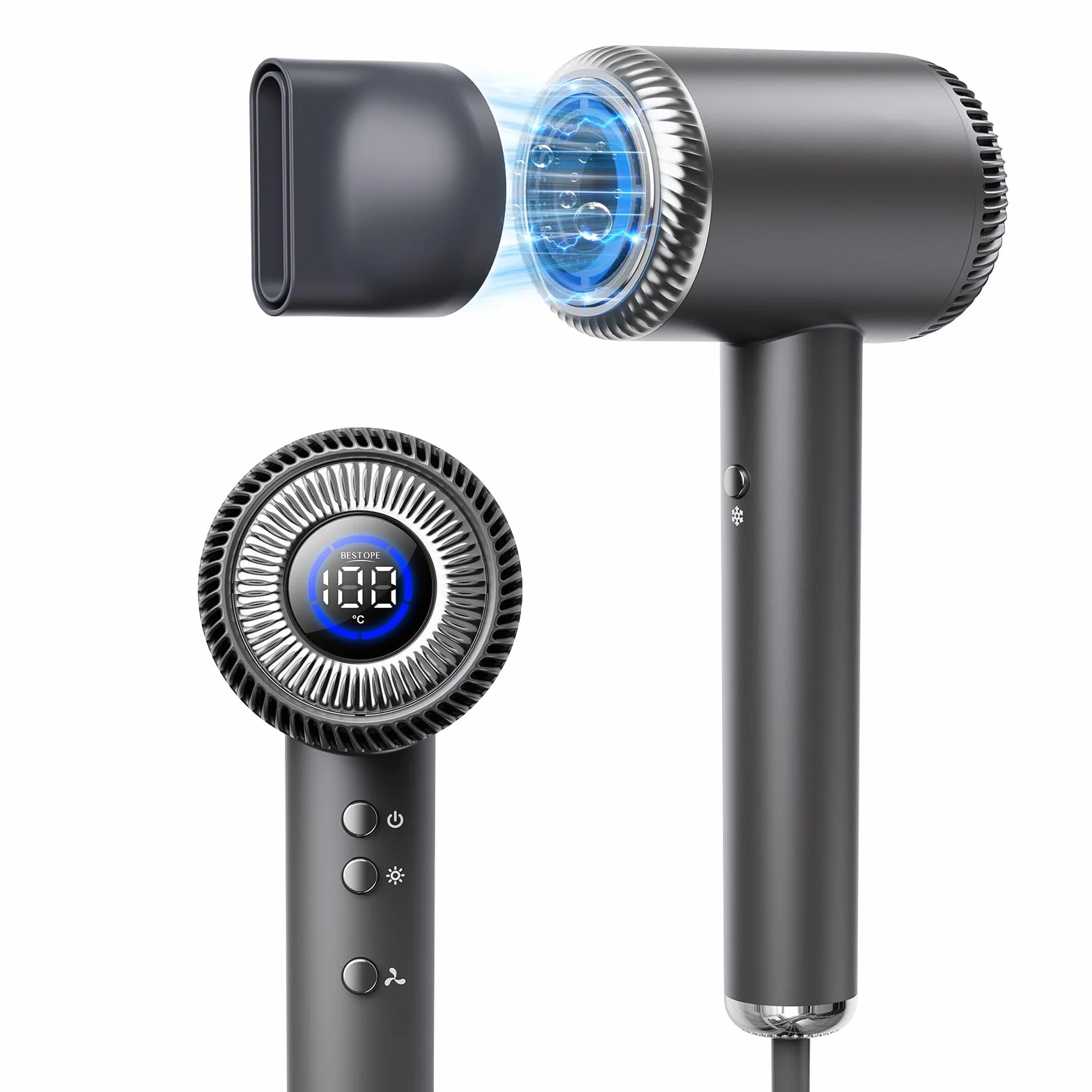 BESTOPE PRO Sèche-cheveux ionique, 110 000 tr/min, sèche-cheveux ionique, sèche-cheveux professionnel, 5 vitesses et 6 températures, technologie ionique négative, gris