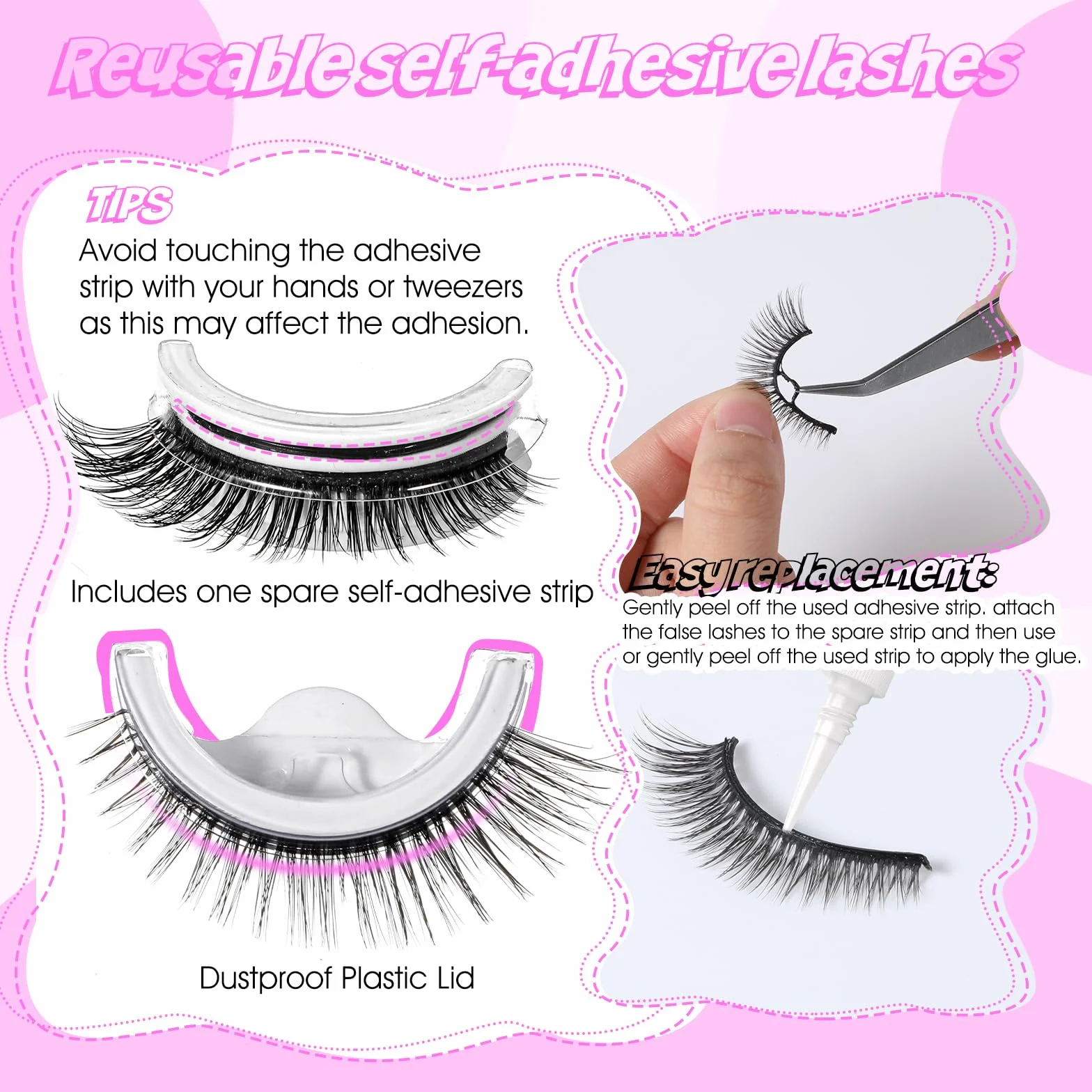 5 Paires Faux Cils Autoadhésifs Look Naturel Cil Pressés Sans Colle Réutilisables Pré-collés Imperméables Effet Œil de Chat Bandes de Cils 10-15mm