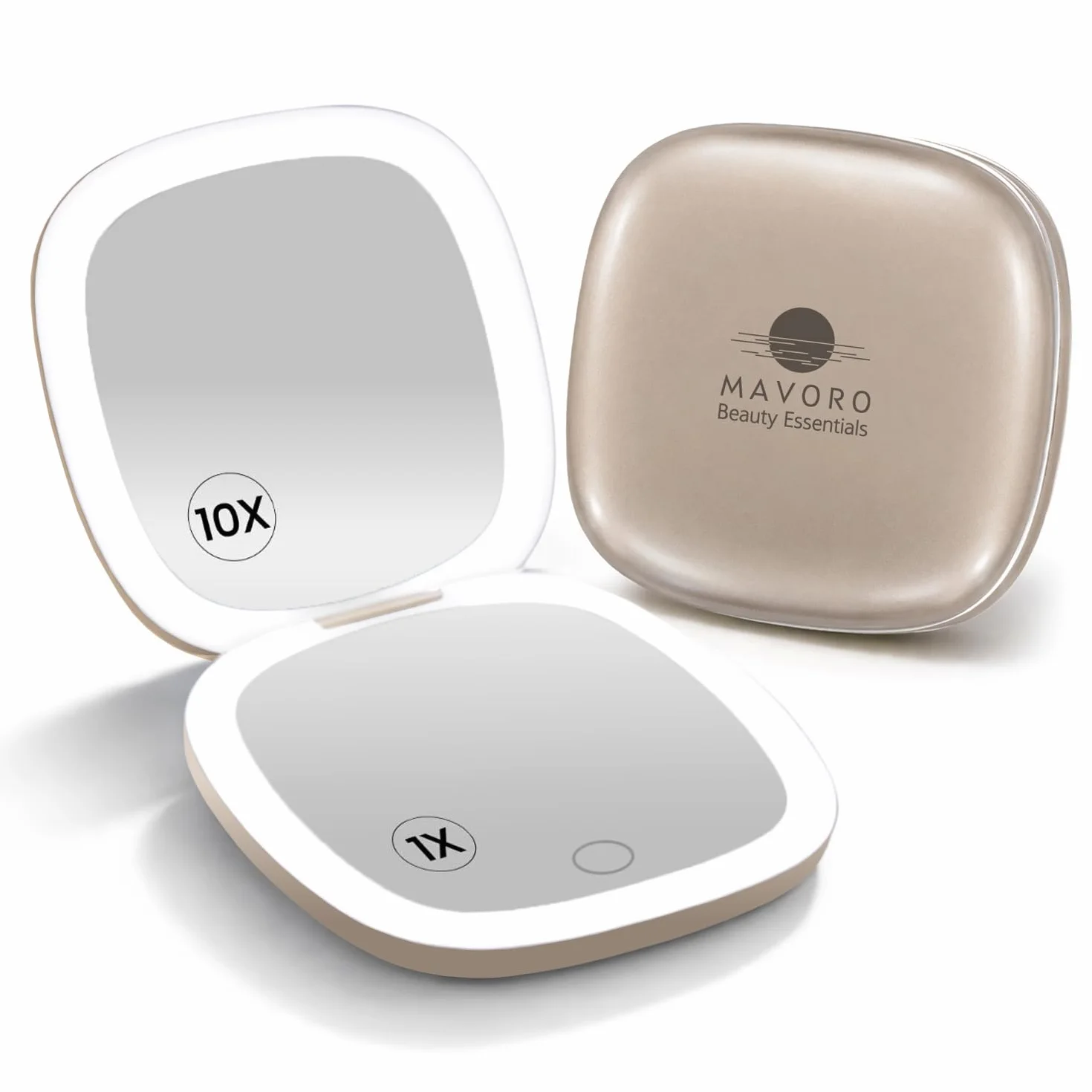 Miroir de Maquillage de Voyage Éclairé LED Rechargeable 1X/10X Lumière Diurne Capteur Tactile USB Or Champagne