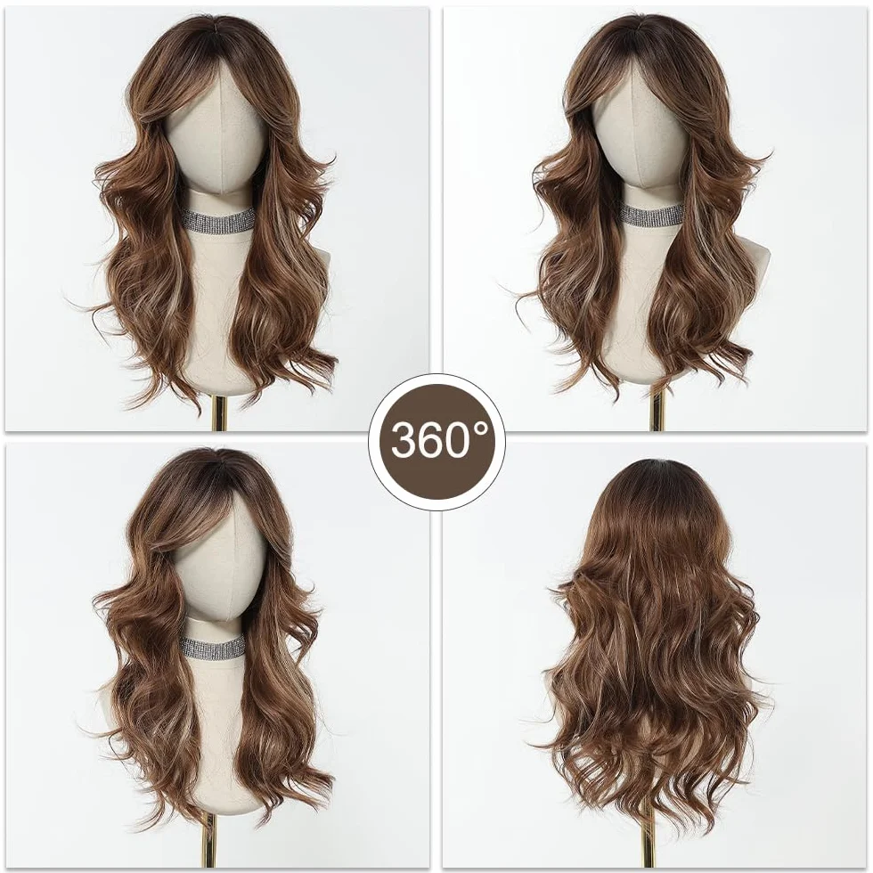 Esmee Perruque Marron Longue et Droite pour Femmes Perruque à Frange en Cheveux Synthétiques Layered pour Soirée Cosplay Quotidienne