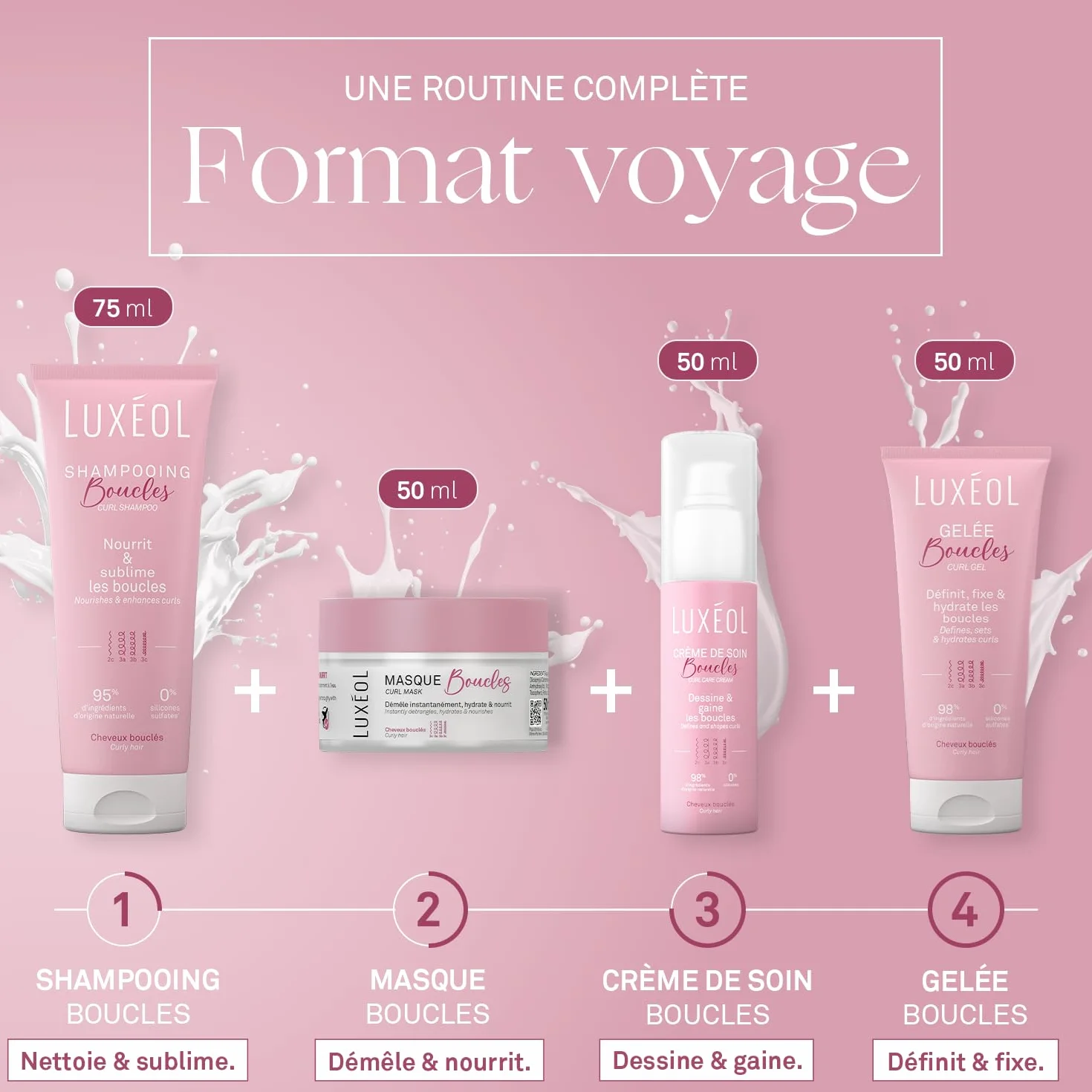 LUXEOL - Routine Cheveux Bouclés - Format Voyage - Sublime Les Boucles - Limite les Frisottis - Parfum Gourmand - Shampooing 75ml + Masque 50ml + Crème De Soin 50ml + Gelée 50ml