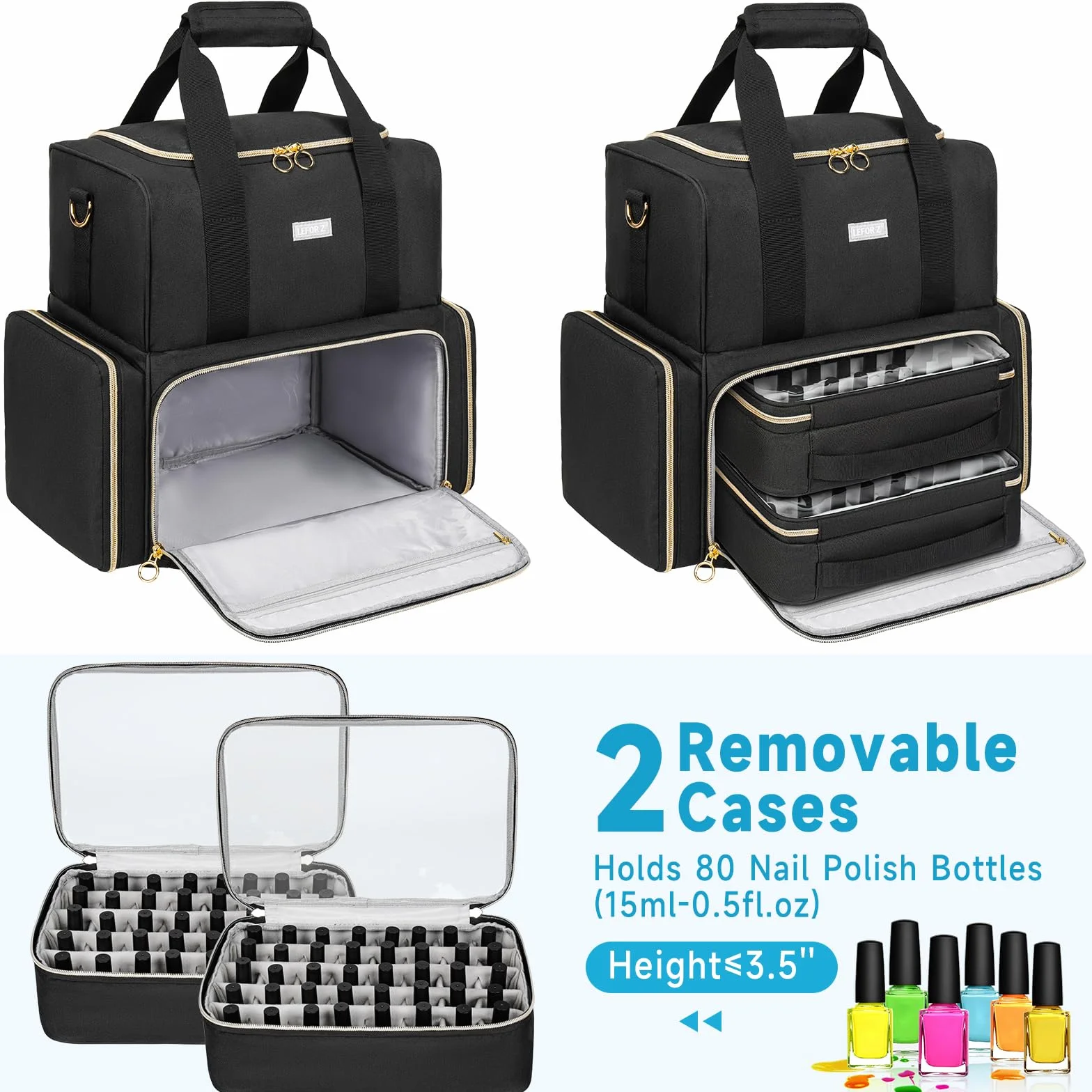 Organiseur de Vernis à Ongles Sac Rangement 80 Bouteilles 15 ML Lampe à Ongles Noir