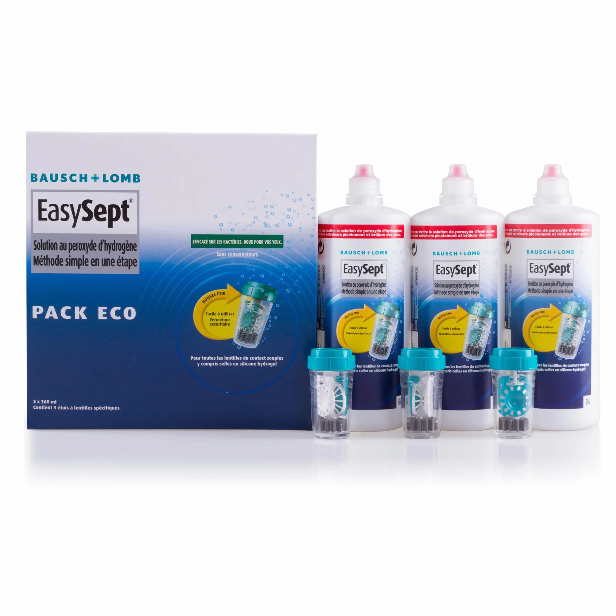 EasySept Produit Lentilles de Contact Souple au Peroxyde d’Hydrogène, Système Tout En Un pour Désinfection, 3x 360ml