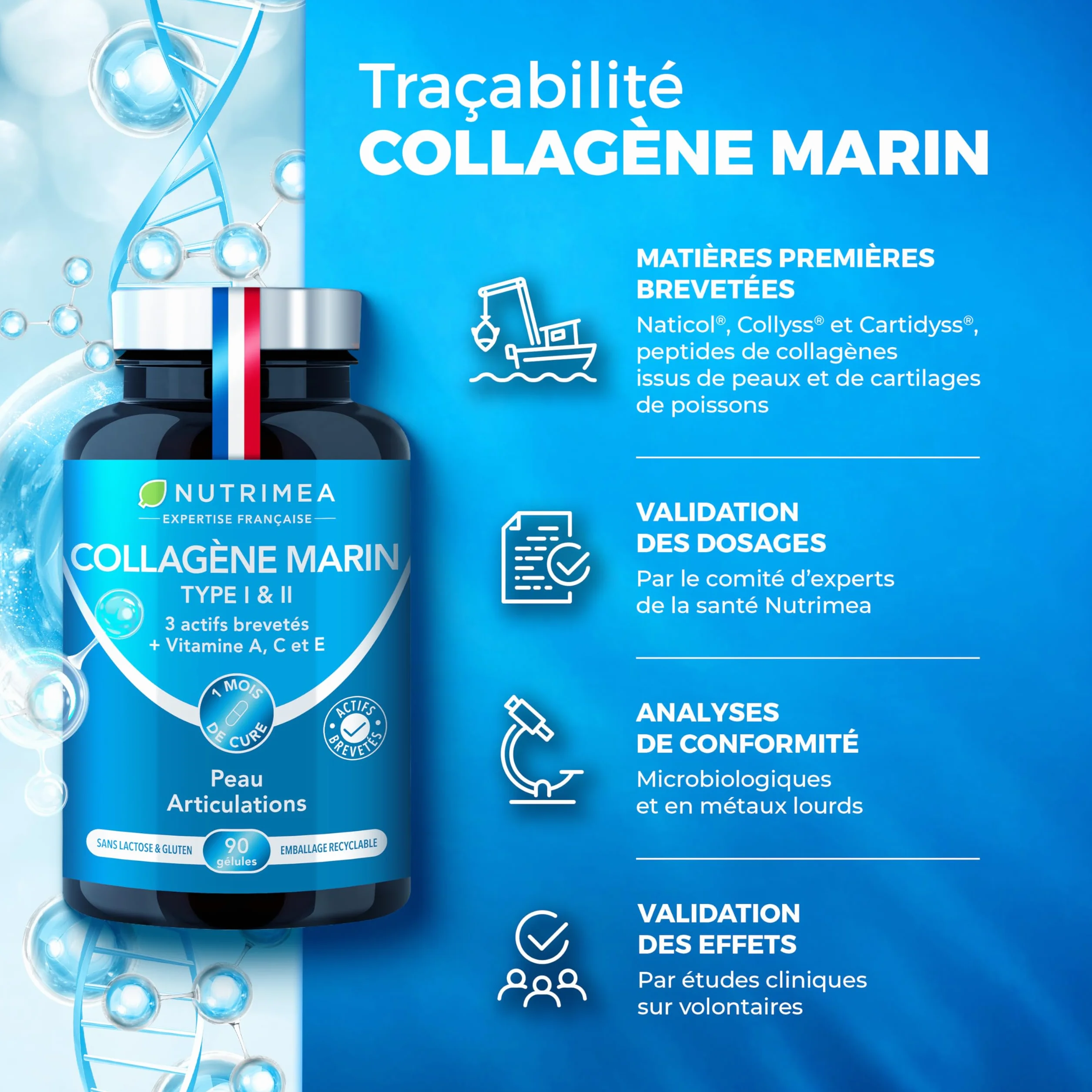 Nutrimea Collagene Marin Types I & II Brevetés 900 mg 90 Gélules Vitamines A C E Végétales Fabriqué en France