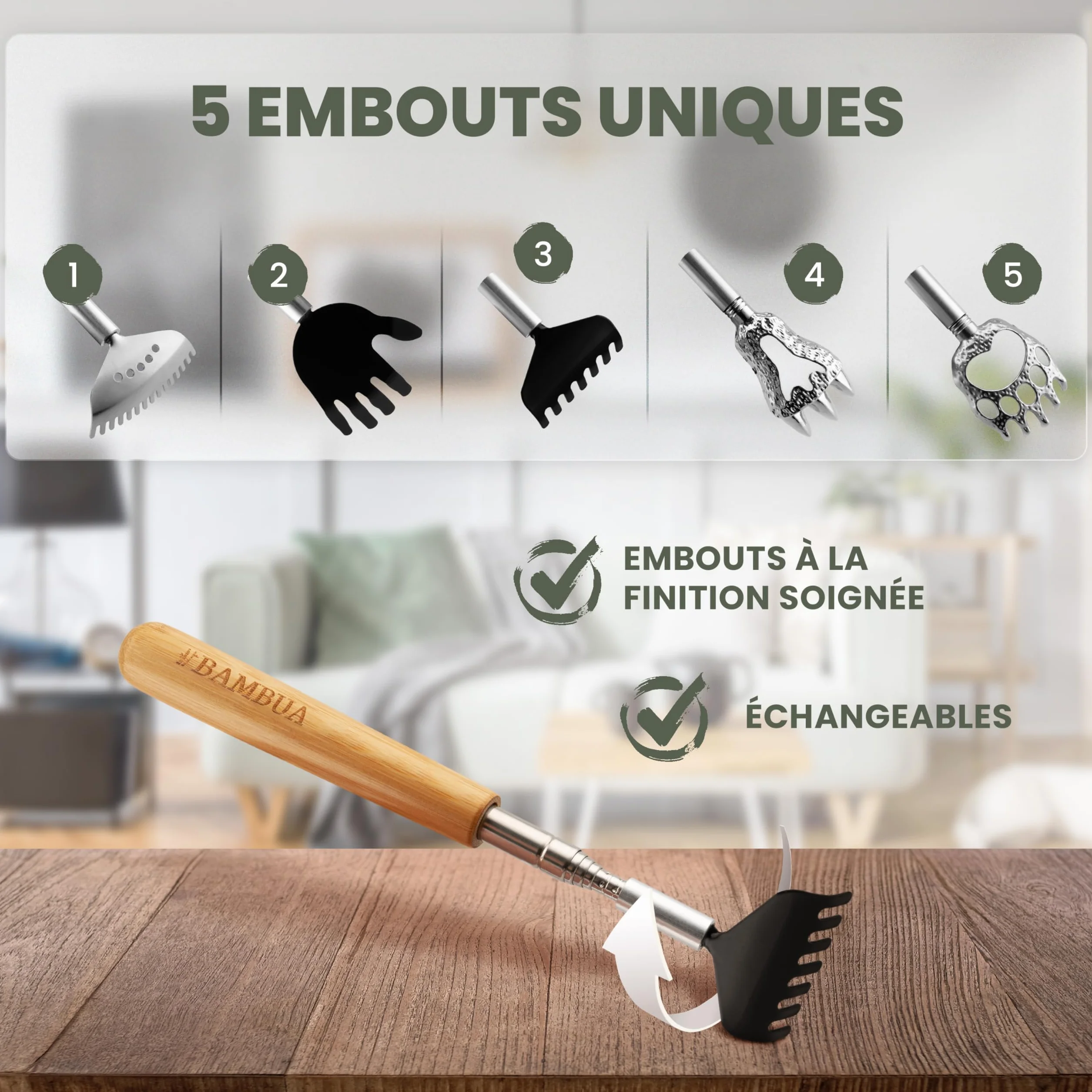 BAMBUA Gratte Dos Télescopique en Acier Inoxydable avec 5 Embouts - Manche en Bambou