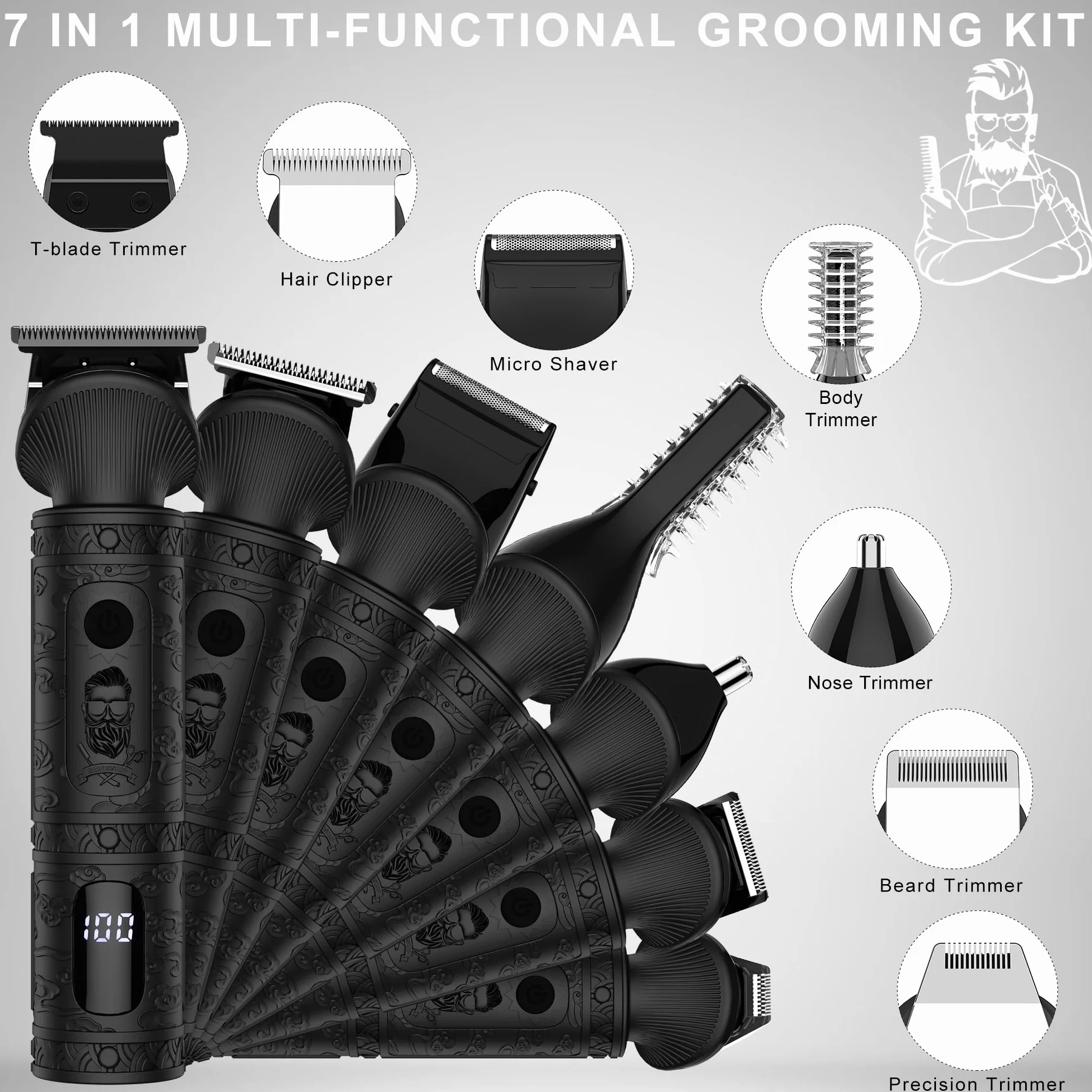 Scttomon Tondeuse à Pour Hommes Pro Kit Tondeuse à Pour Hommes T - Blade Rasoir éLectrique Rasoir Nez Corps Tondeuse à Cheveux Kit Sans Fil 7 En 1 Noir