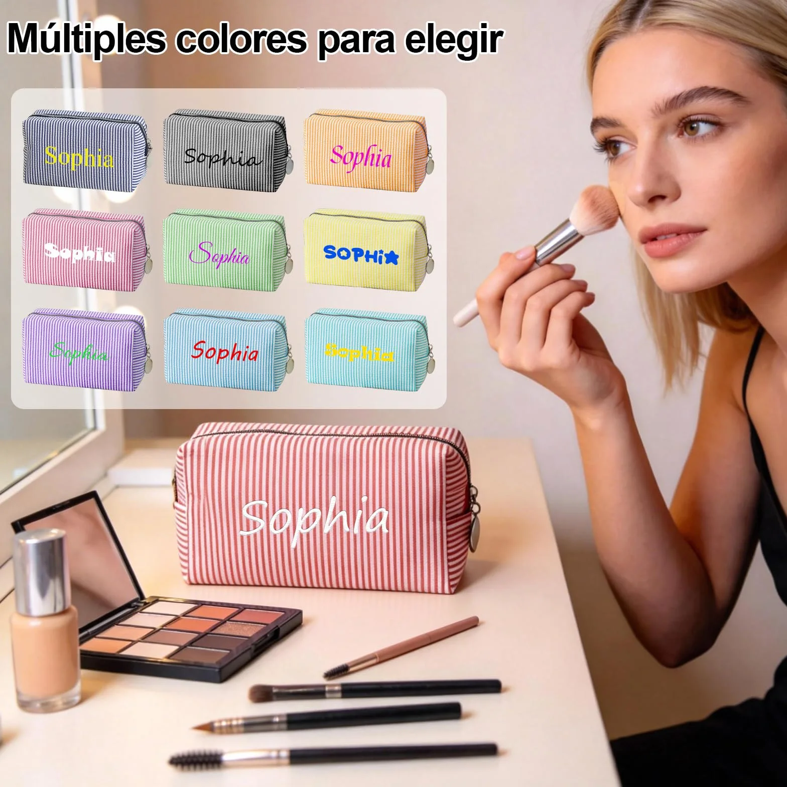 Trousse de Maquillage Personnalisée avec Nom, Sac Cosmétique en Tissu à Rayures, Grande Capacité, Multicolore, Cadeau pour Femme (Rouge)
