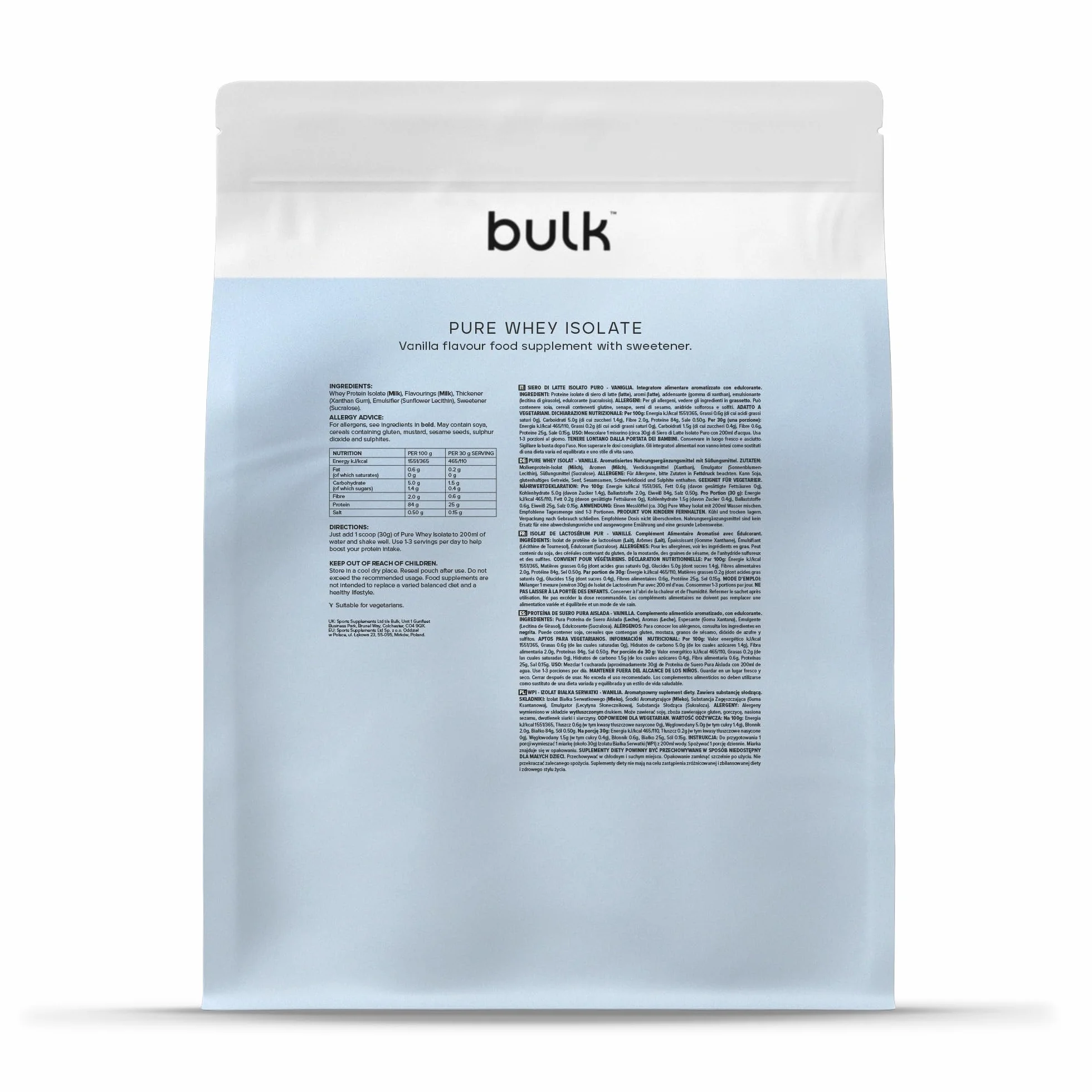 Bulk Pure Whey Isolate Vanille 25g protéines 500g Isolat de lactosérum Faible en sucre