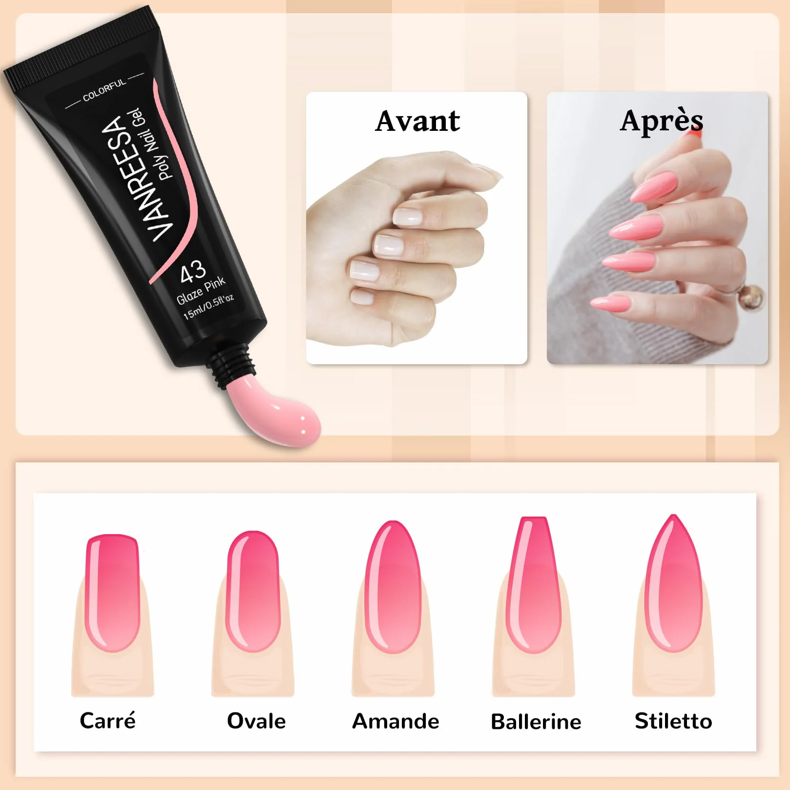 VANREESA Kit Ongle Acrygel Rose Glitter Gel Construction UV 8 Couleurs 15ml Débutantes DIY