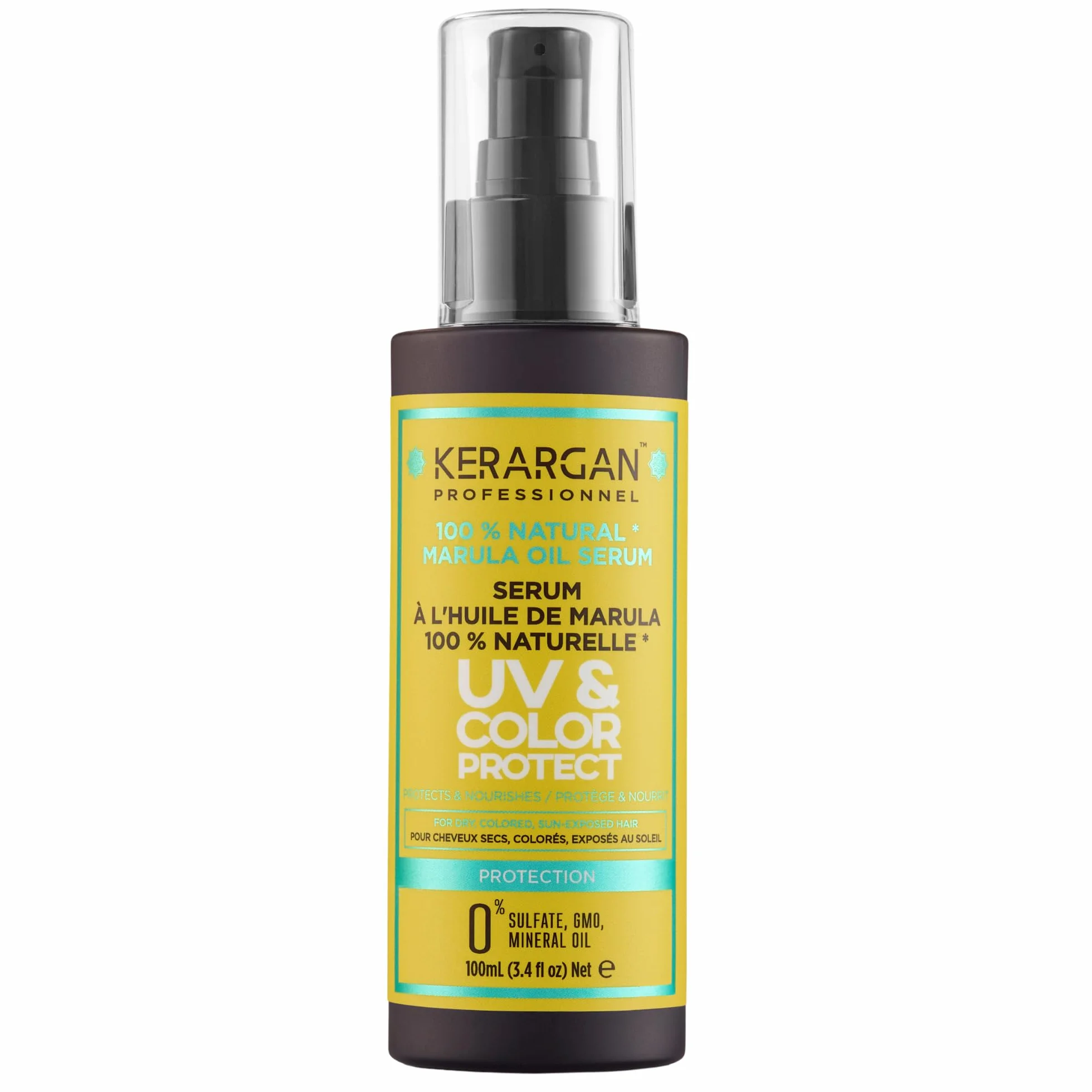 Kerargan - Sérum Capillaire Protecteur UV & Couleur à l'Huile de Marula pour Cheveux Secs et Colorés - Anti-Frisottis, Lissant, Hydratant - Sans Sulfate, OGM, Huile Minérale - 100ml