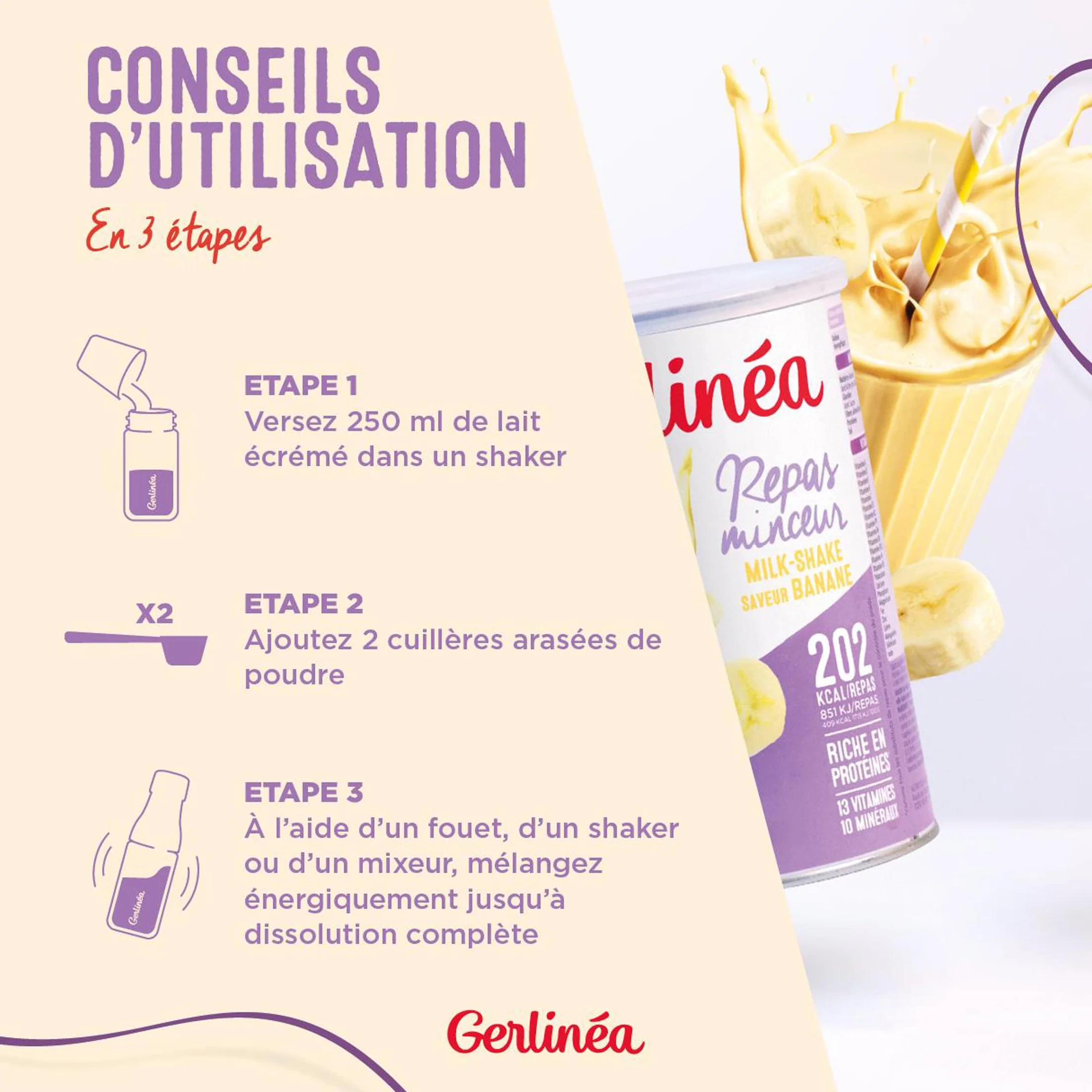 GERLINÉA Boisson Milkshake Banane Substitut de Repas Minceur Riche en Protéines 15 repas 436 g